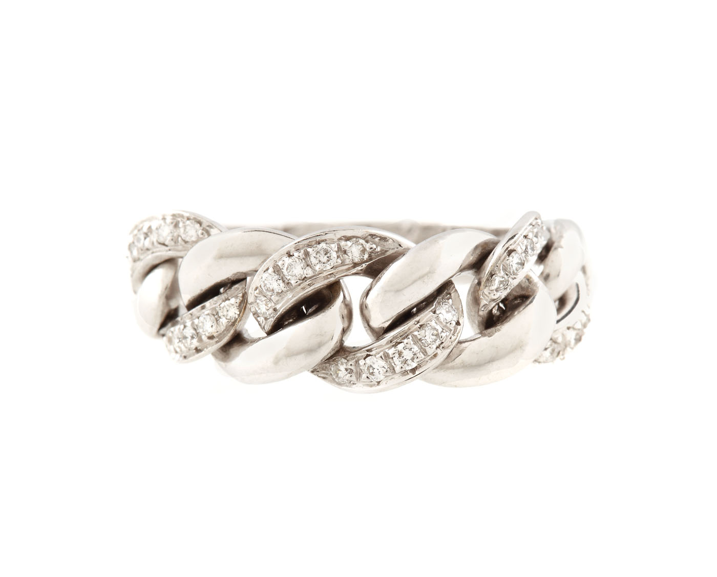 Interesting white gold ring, set with a chain of diamonds