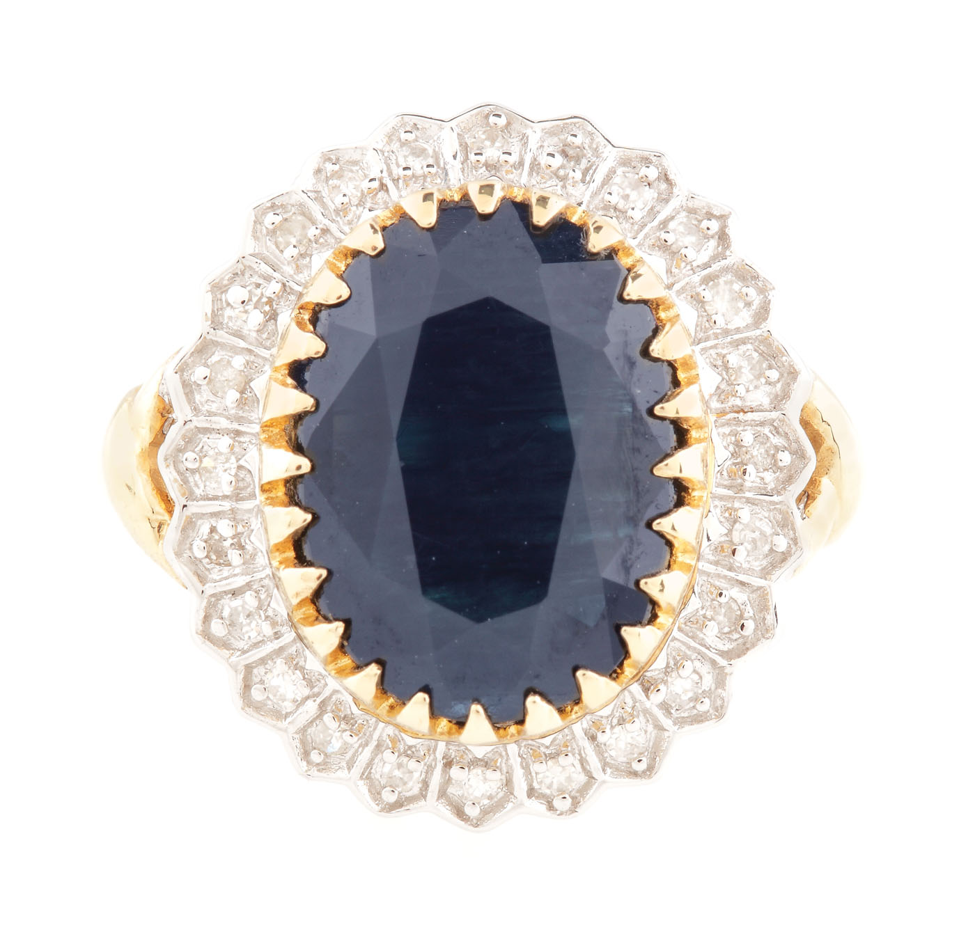 Inel din aur, decorat cu un frumos safir înconjurat de diamante
