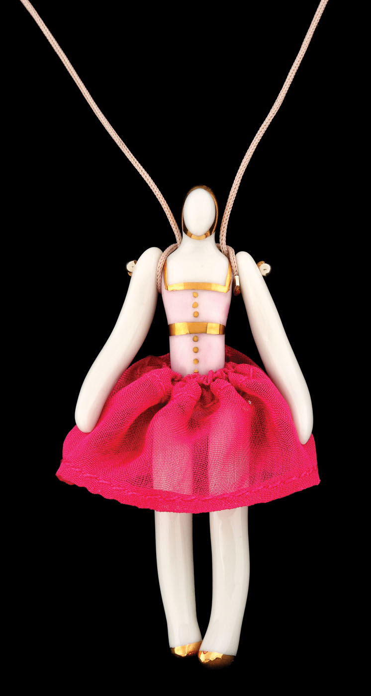 What If I Fly porcelain doll pendant, with flexible limbs, hand painted with gold