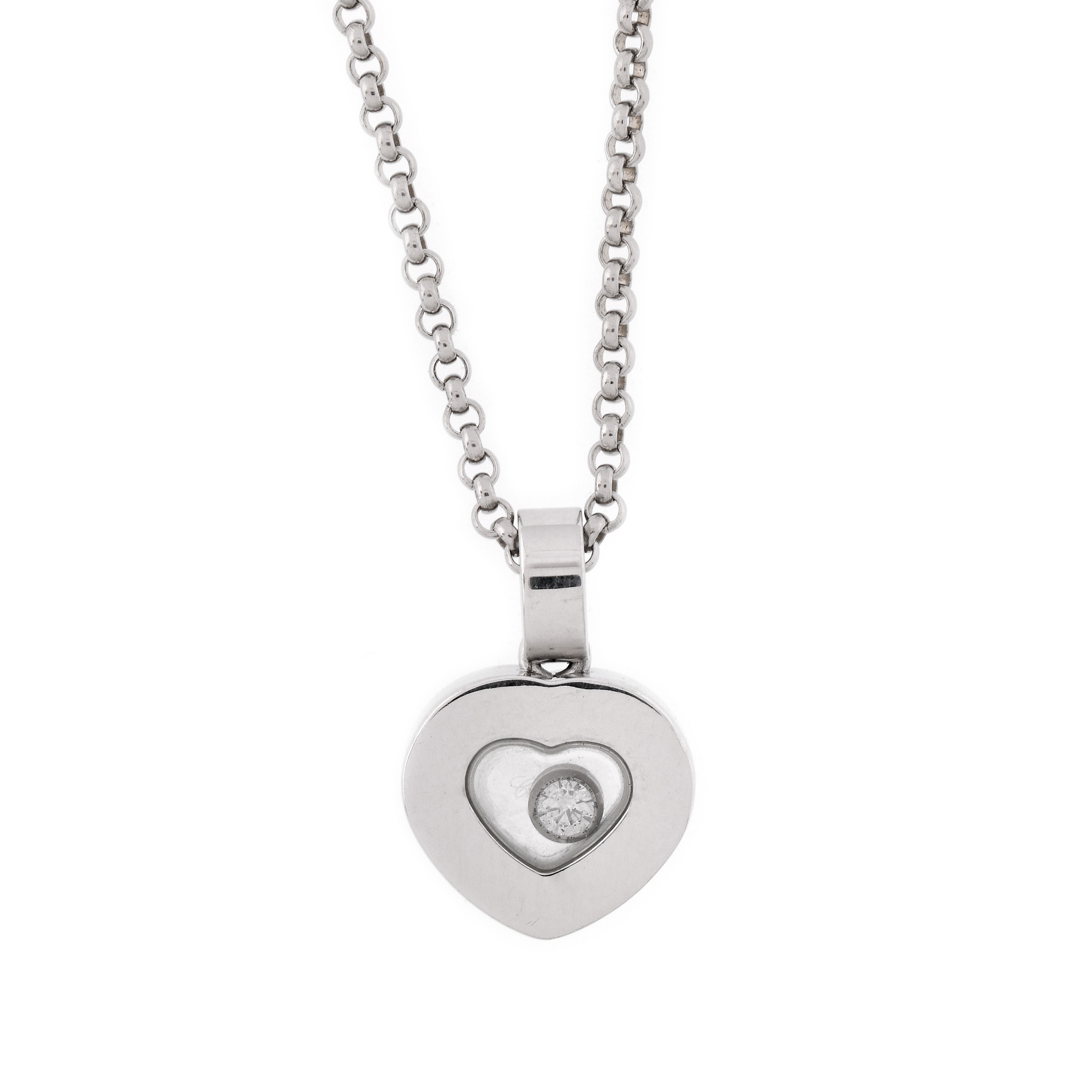 Lanț cu pandantiv Chopard din aur alb, decorat cu un diamant mobil