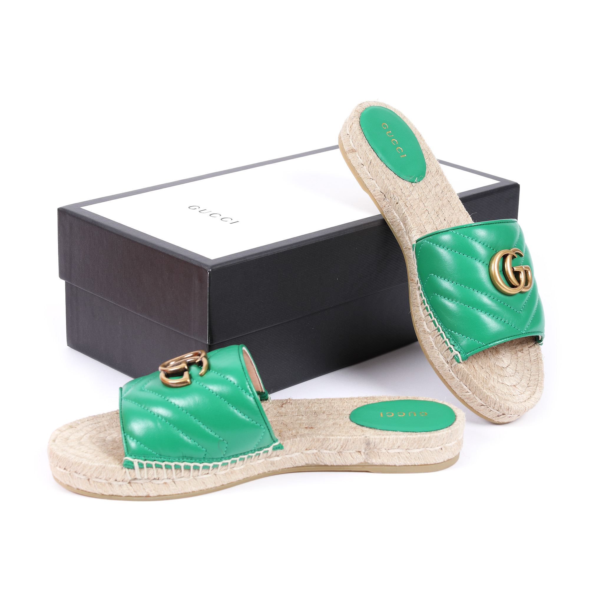 Pereche de espadrile Gucci, Marmont GG, din piele matlasată și iută, în cutie originală