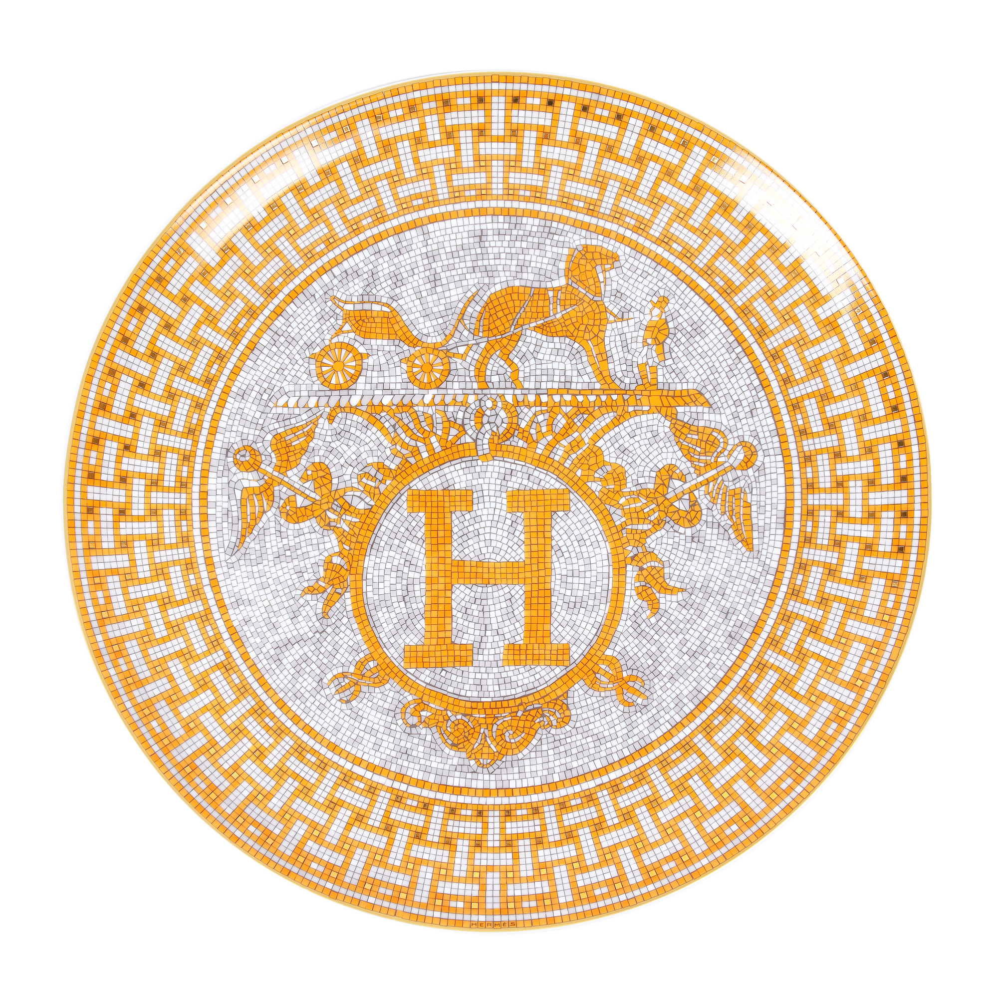 Platou rotund Hermès, din porțelan, din colecția "Mosaique au 24", în cutia originală