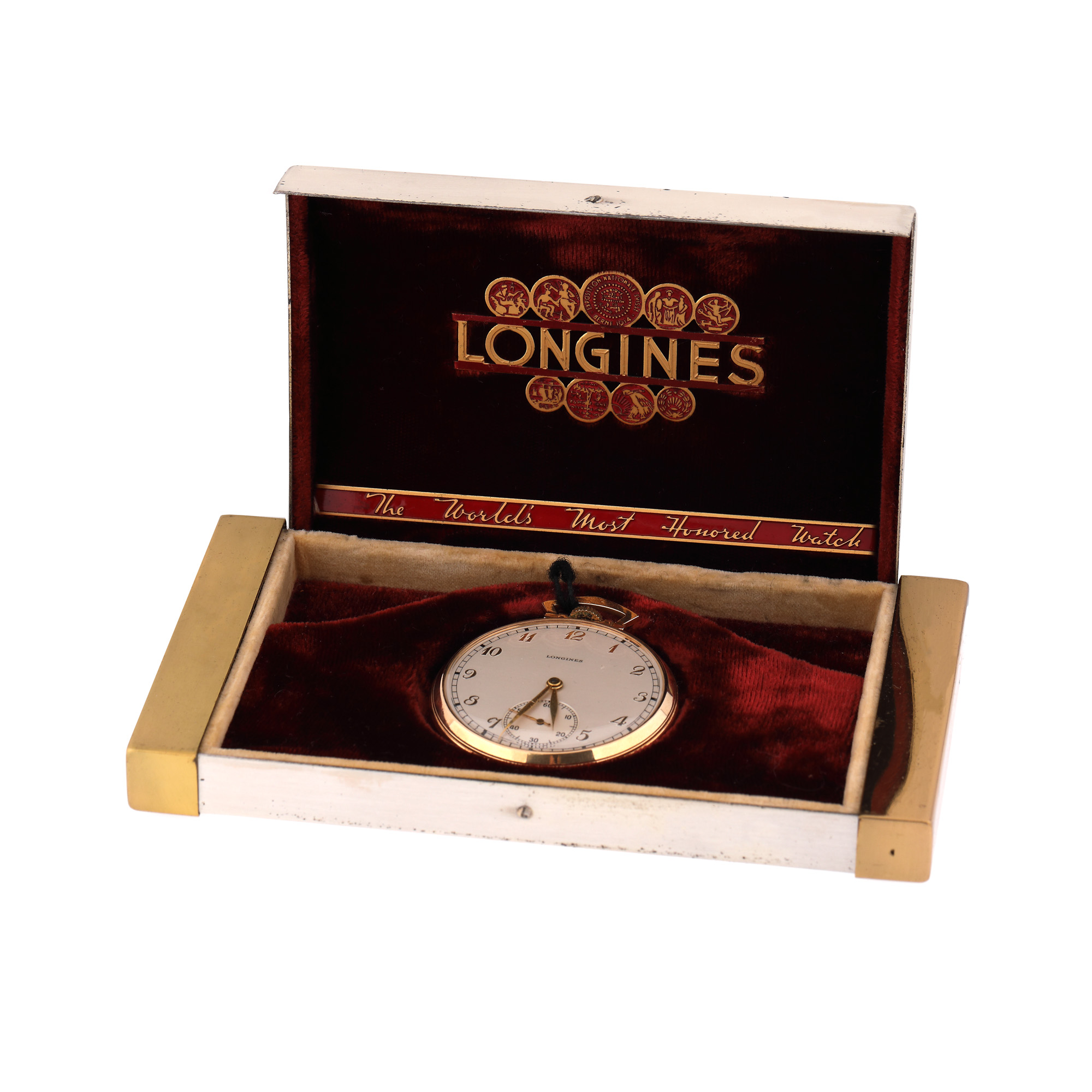 Ceas Longines din aur, de buzunar, însoțit de cutia originală, cca. 1933