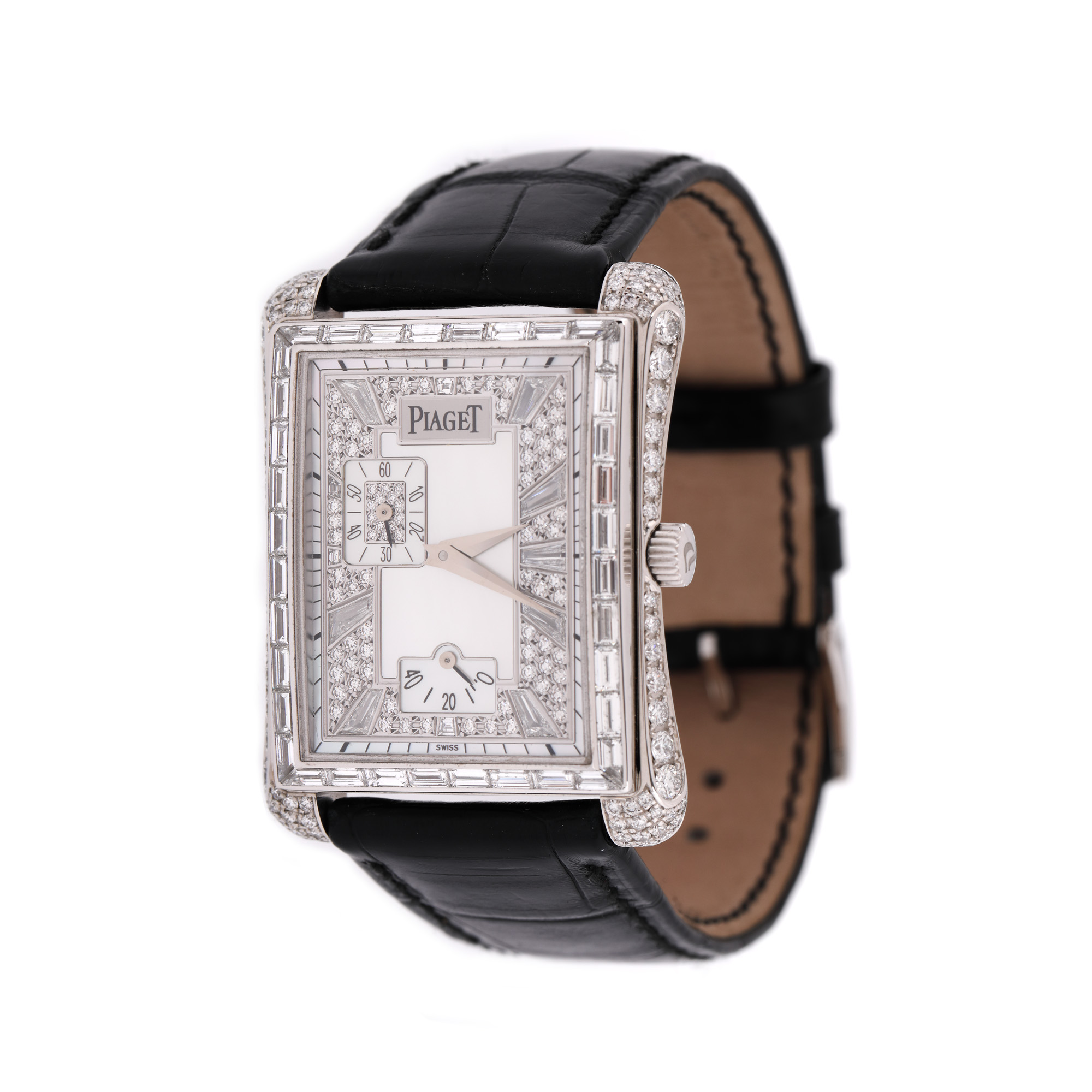 Ceas Piaget Emperador din aur alb, de mână, bărbătesc, pavat cu diamante, însoțit de cutia originală