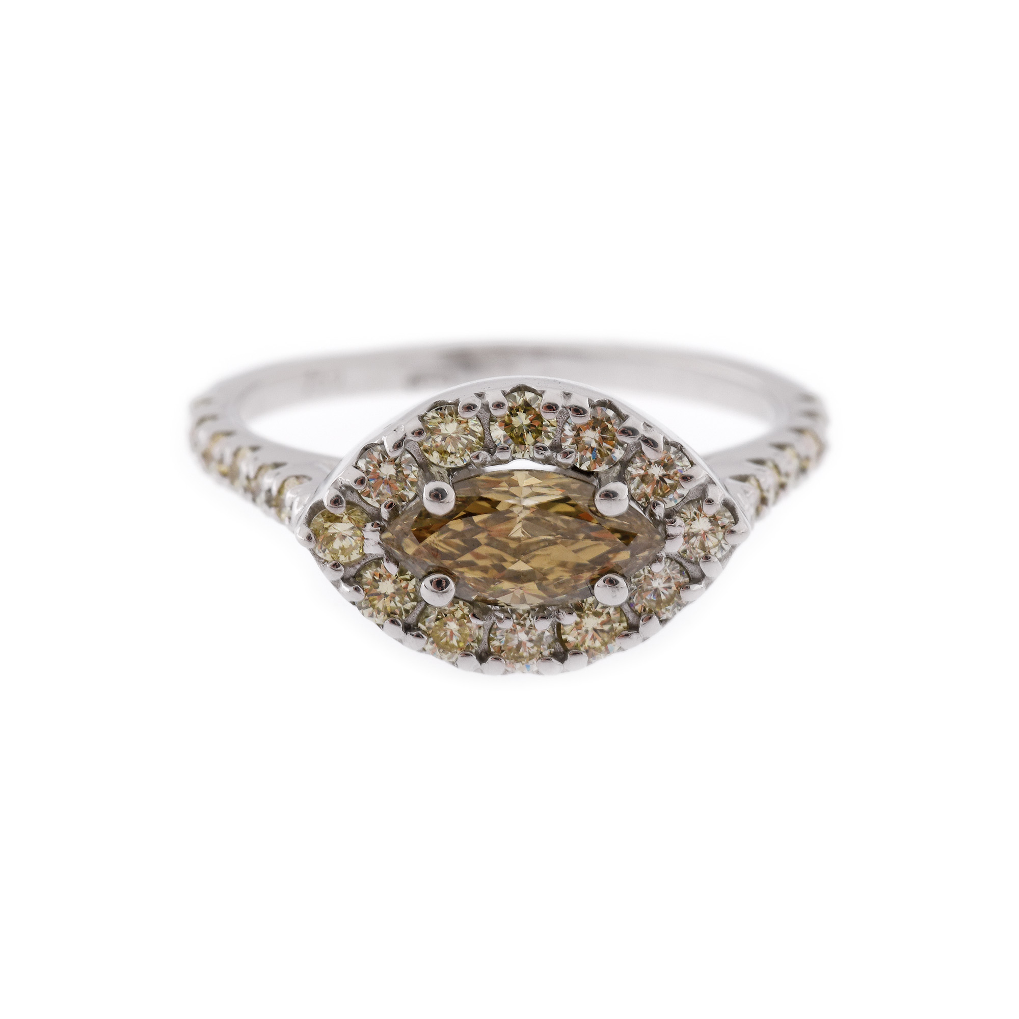Inel din aur alb, ornat central cu diamant yellowish-green marchiză și diamante galbene alăturate