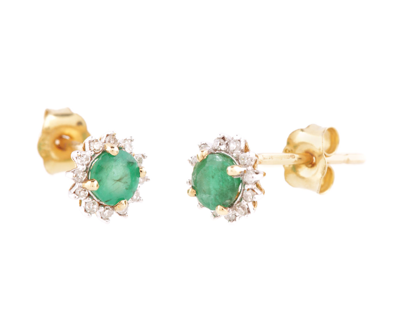 Delicate pair of gold earrings, set with diamonds and emeralds