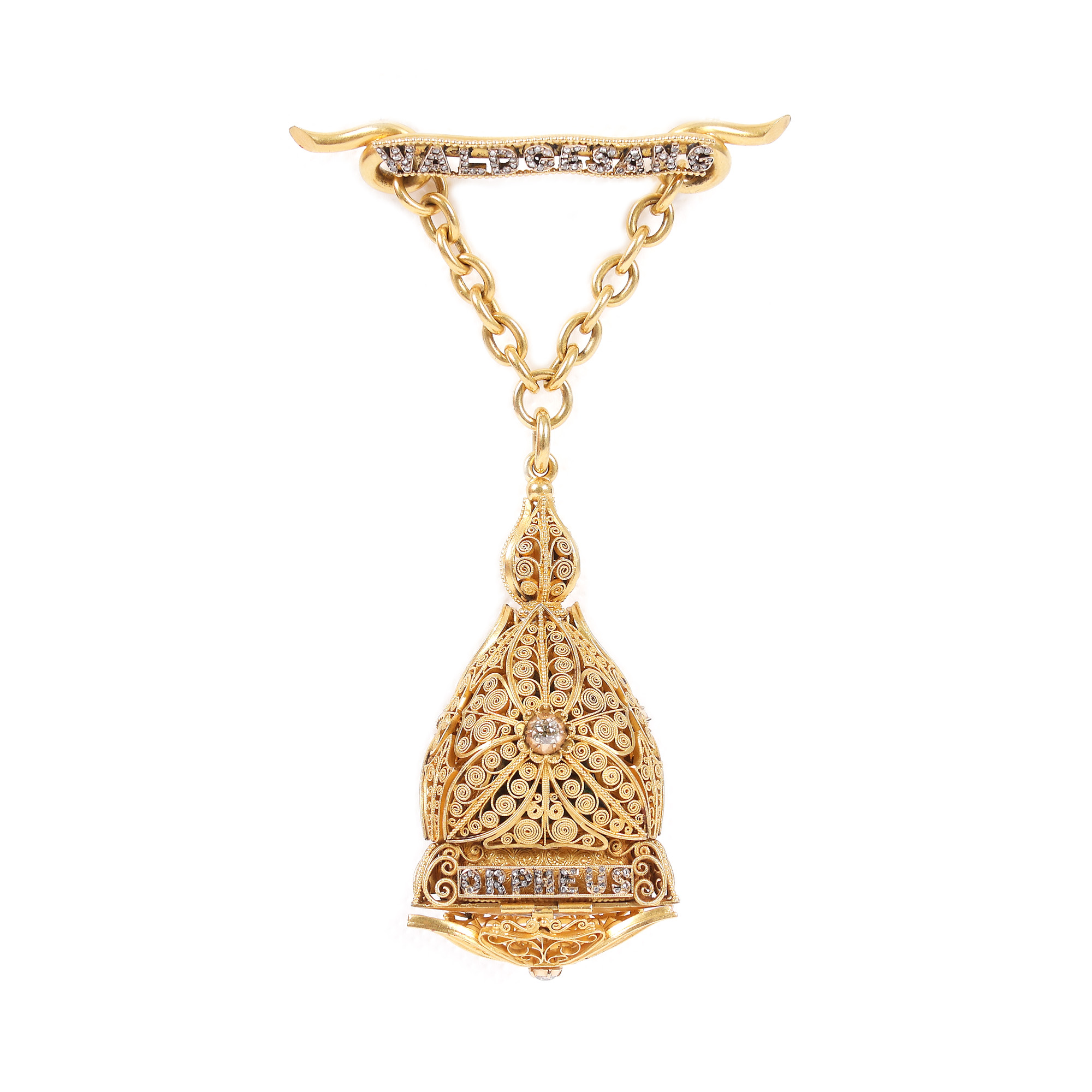 A very rare clock with chain, in the form of a flower made of filigreed gold, adorned with diamonds and enamel miniatures, made by Franz Carl Paul Telge, a supplier of the royal family for Queen Elizabeth of Romania, ca. 1885, a museum collection piece
