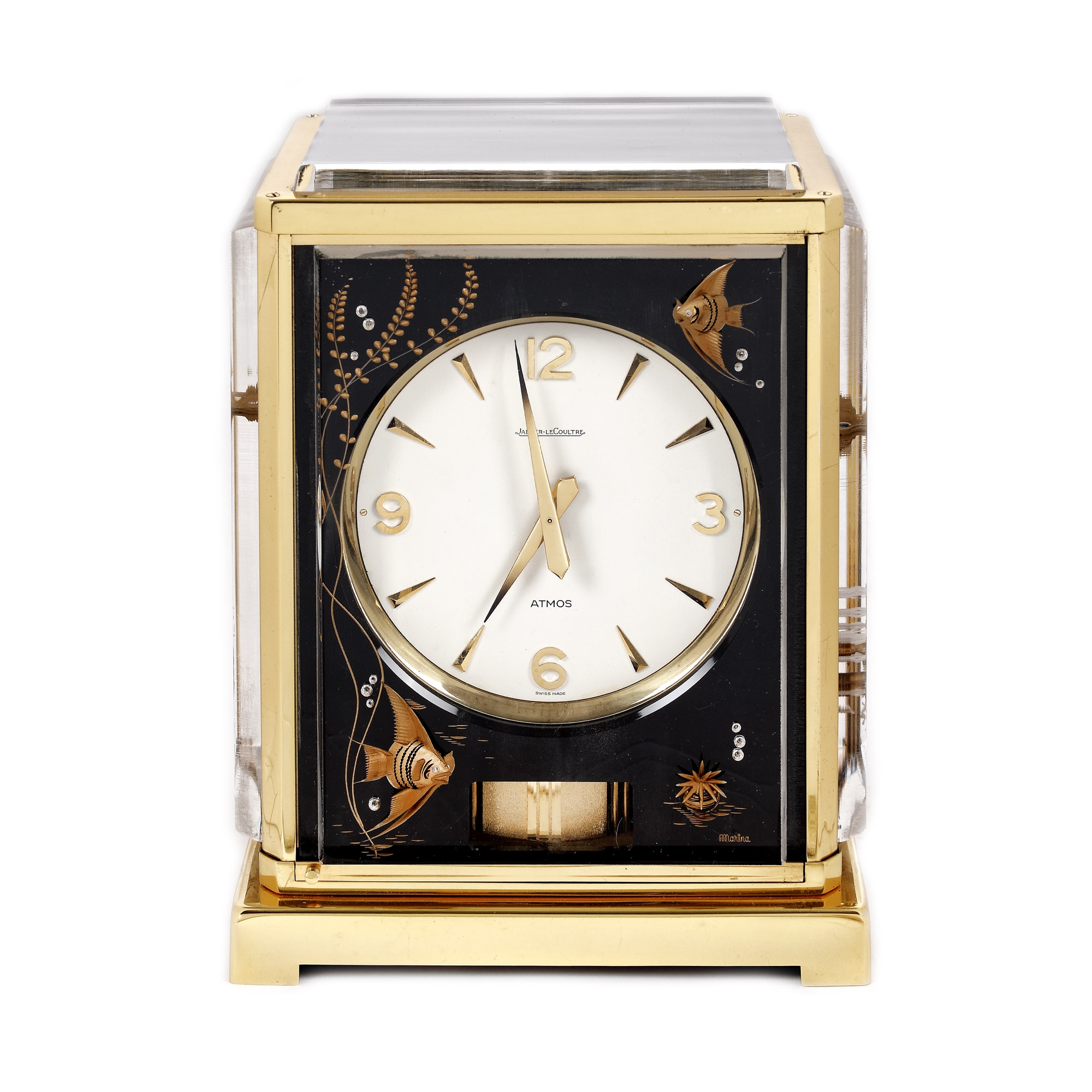 Ceas Jaeger LeCoultre Marina, din metal aurit, pentru birou, însoțit de cutia originală