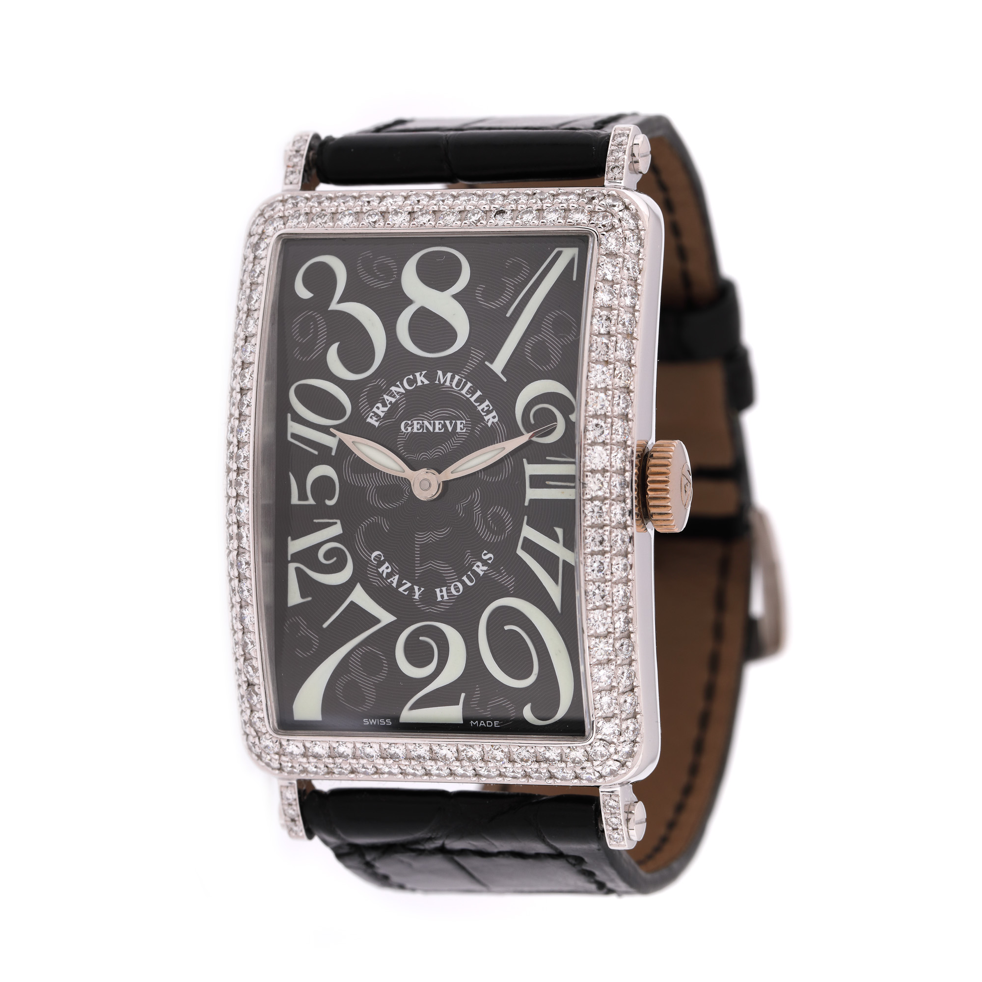 Ceas Franck Muller Long Island Crazy Hours, din aur alb, de mână, bărbătesc, ornat cu diamante