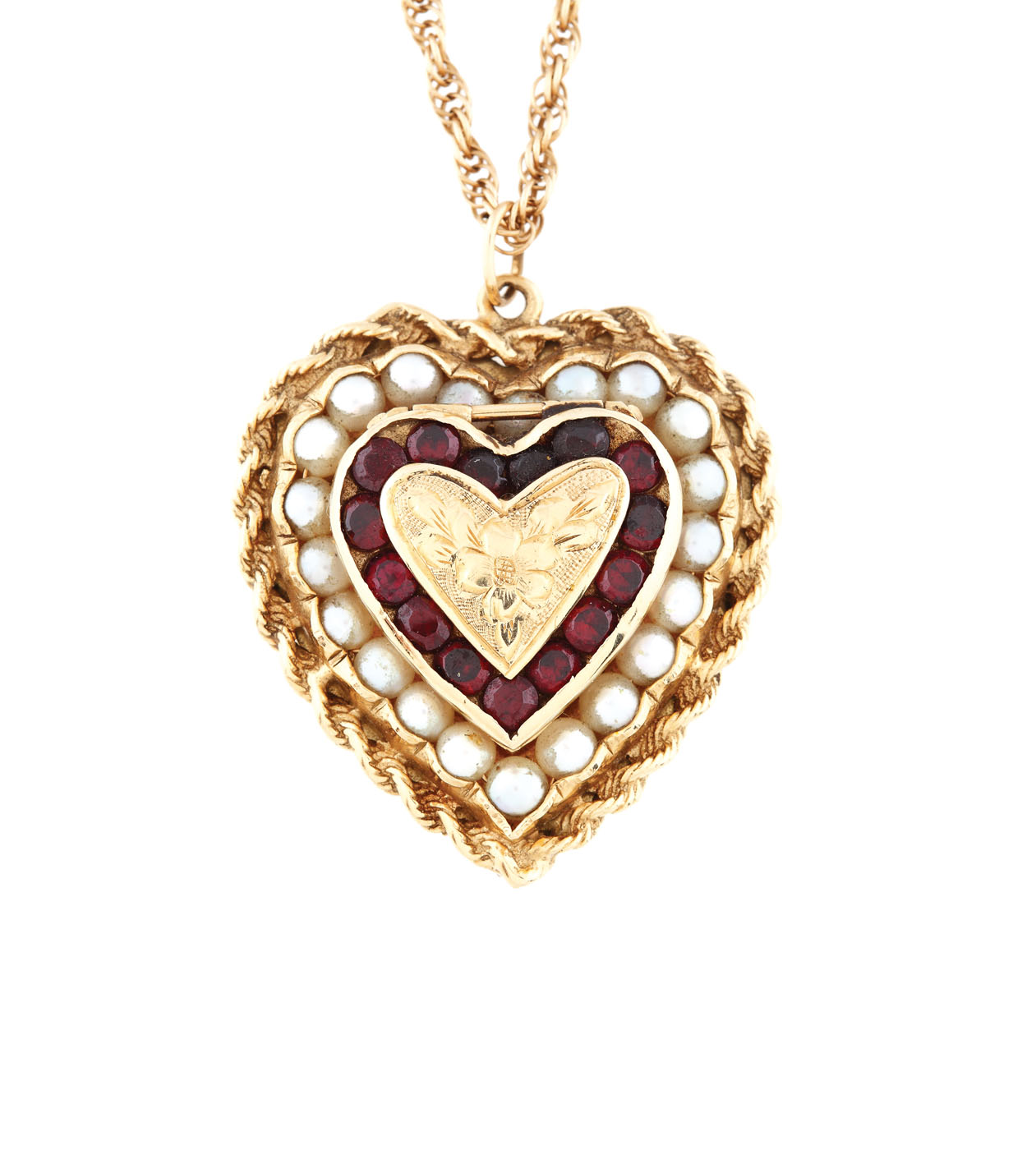 Gold chain and heart-shaped pendant, decorated with garnets and pearls