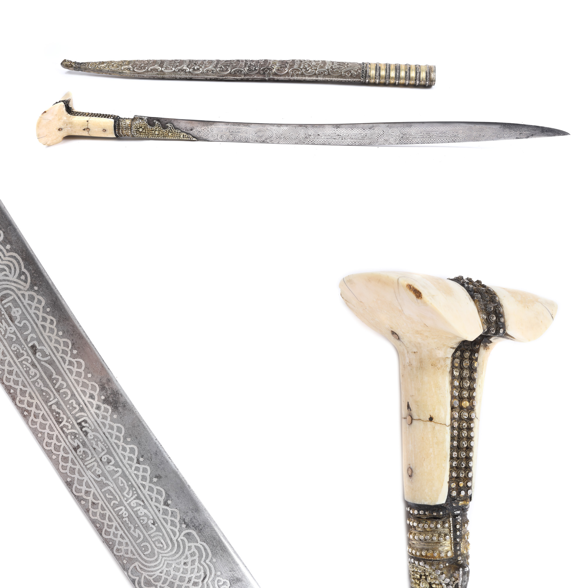 Ottoman yatagan, with silver sheath and walrus bone handle, decorated with gilder silver bumbs and filigree, late 18th century - early 19th century, rare collector's item