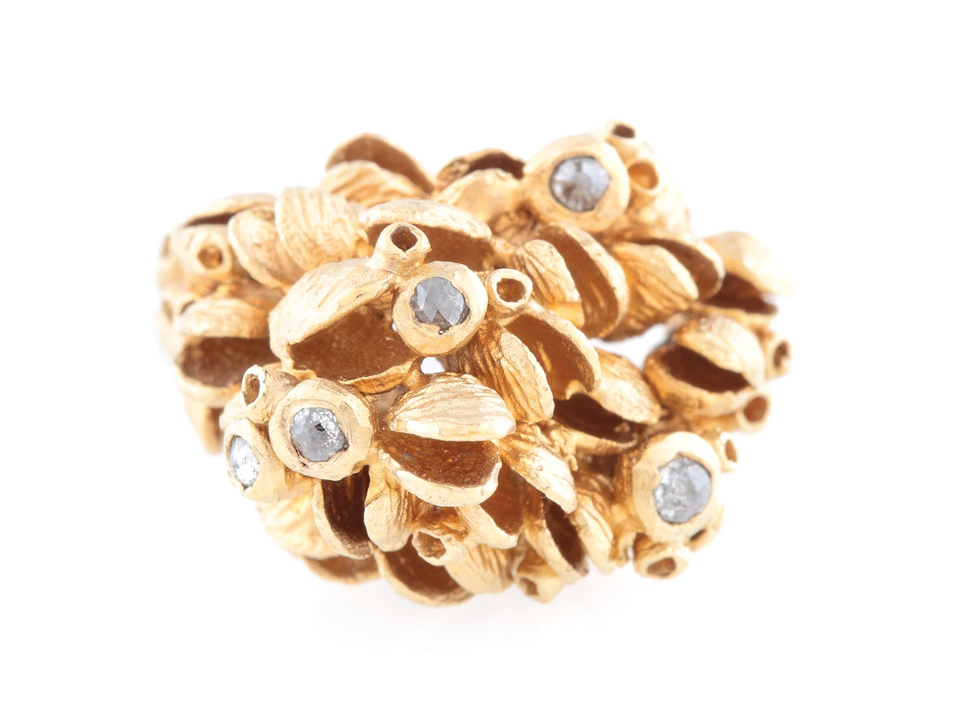 Interesting gilded silver ring set with diamonds