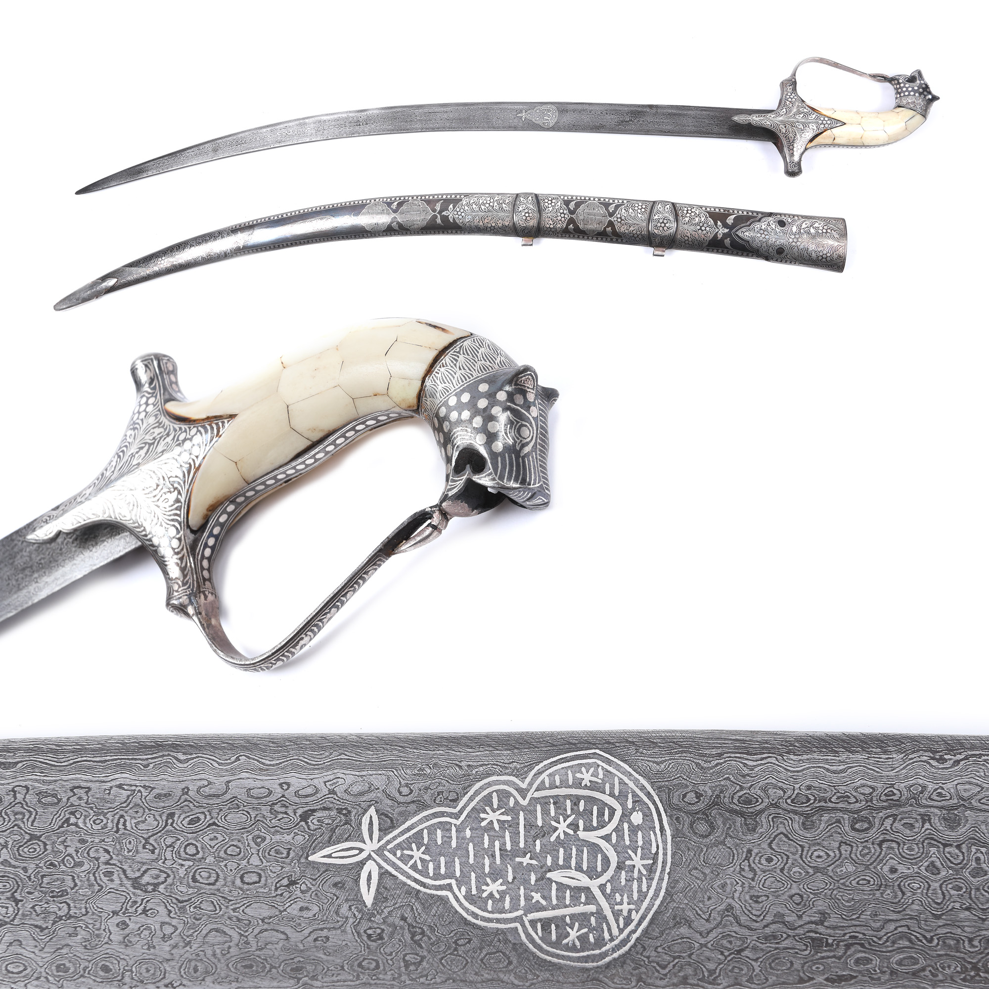 Impressive Indo-Persian shamshir sword, damask-patterned, with sheath, mid-20th century