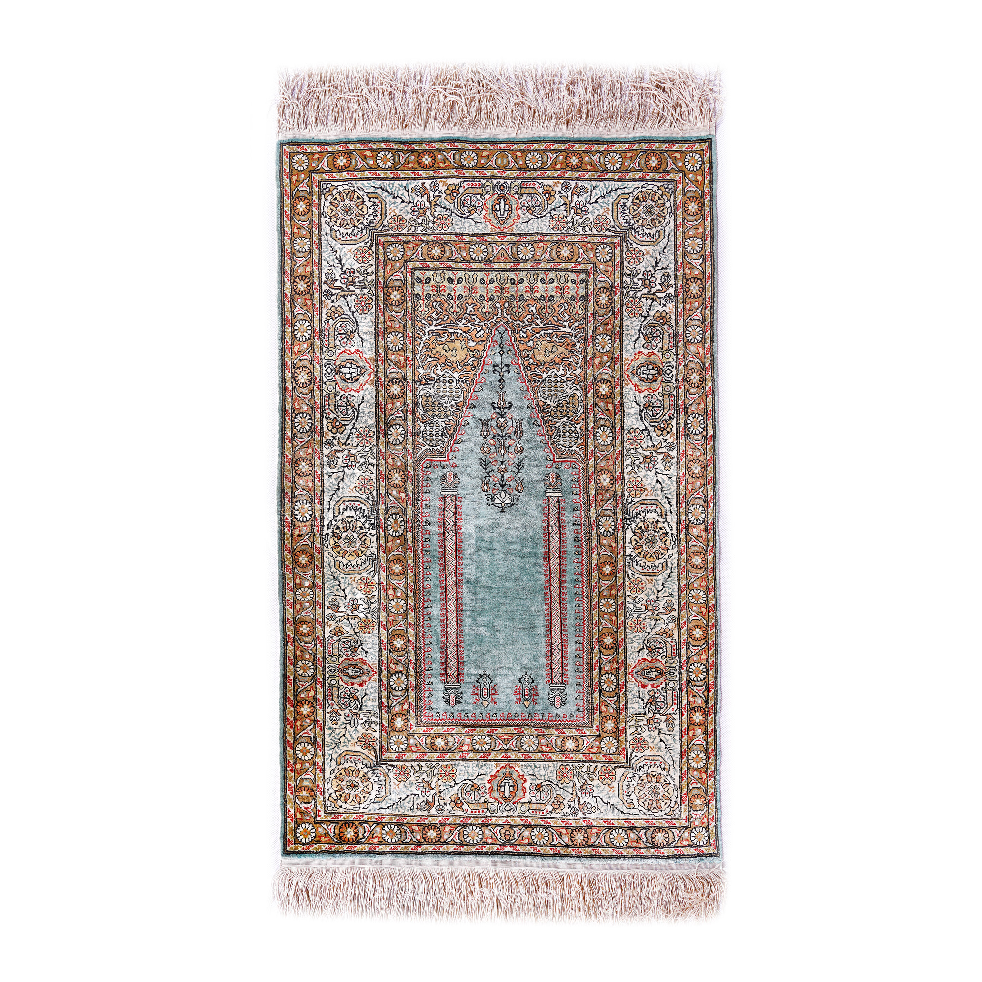 Kayseri prayer mat, silk, decorated with floral vines in mihrab, Turkey