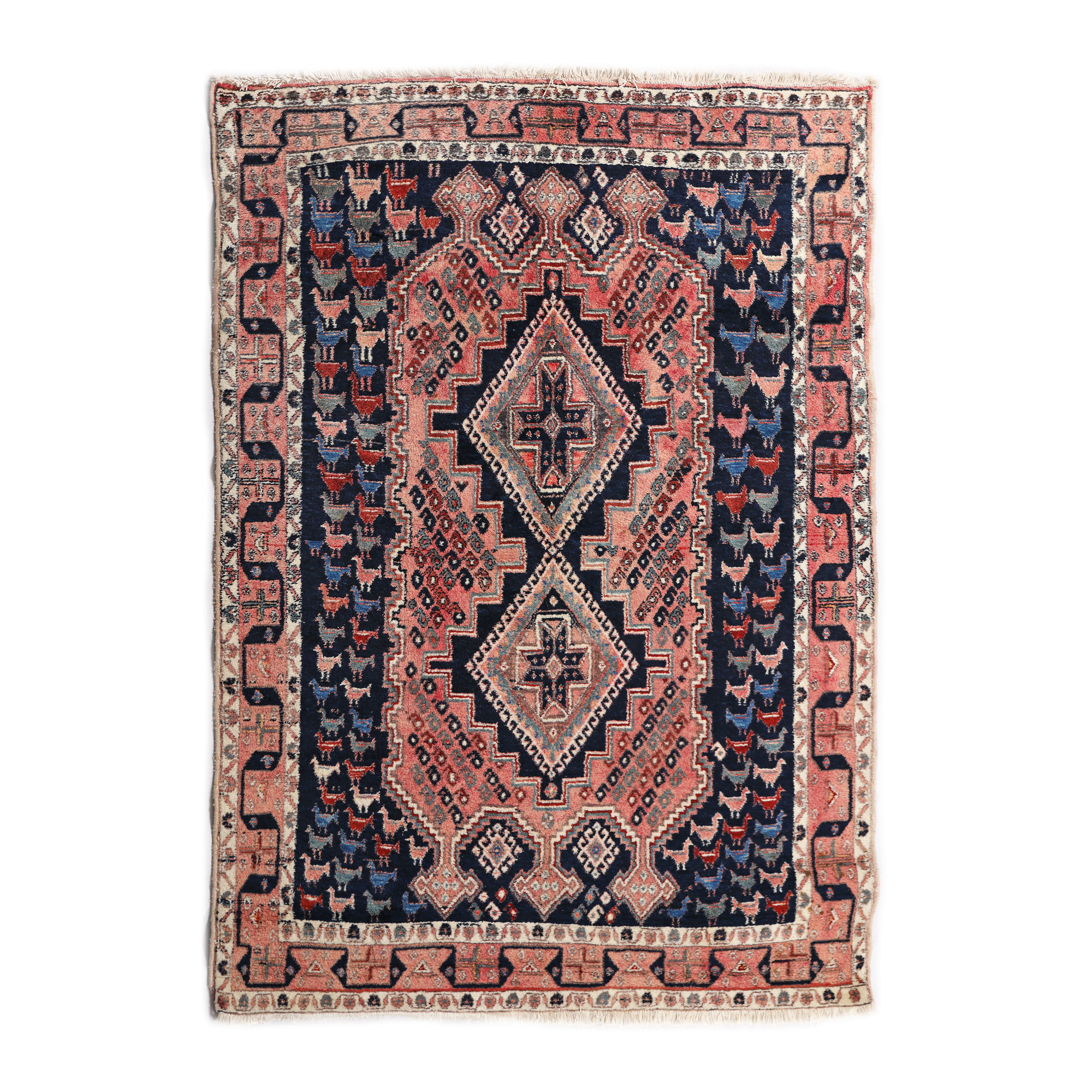 Afshar wool rug, decorated with geometrical motifs and roosters, Iran