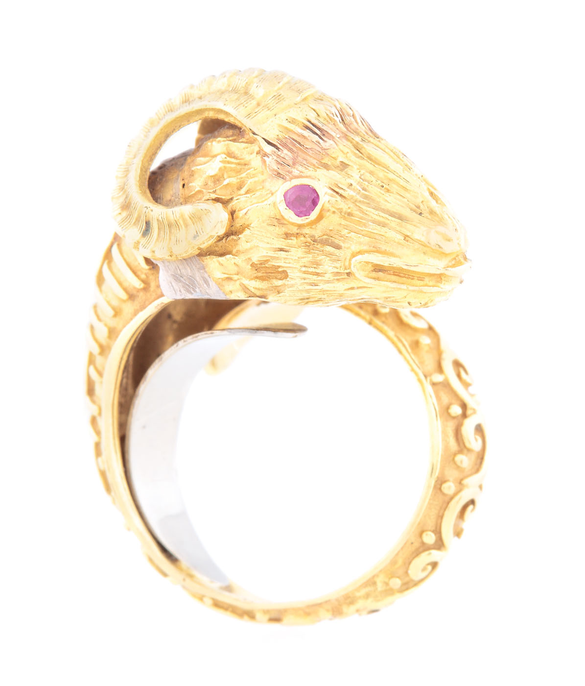 Ilias Lalaounis gold ring, in the shape of a ram's head, with ruby eyes