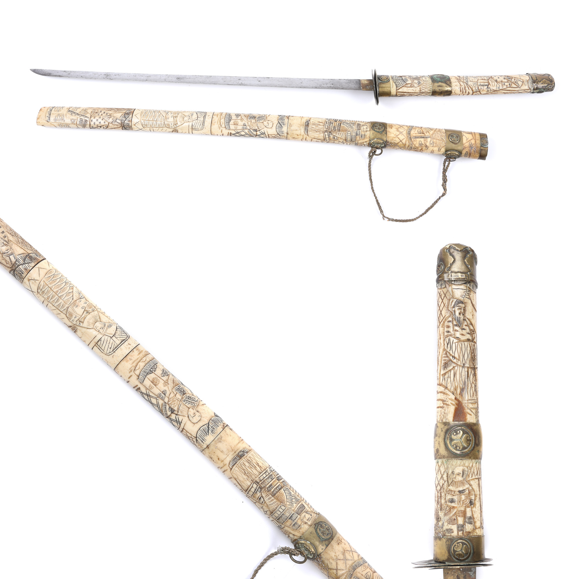 Wakizashi Japanese sword, with sheath and carved bone handle, late 19th century - early 20th century