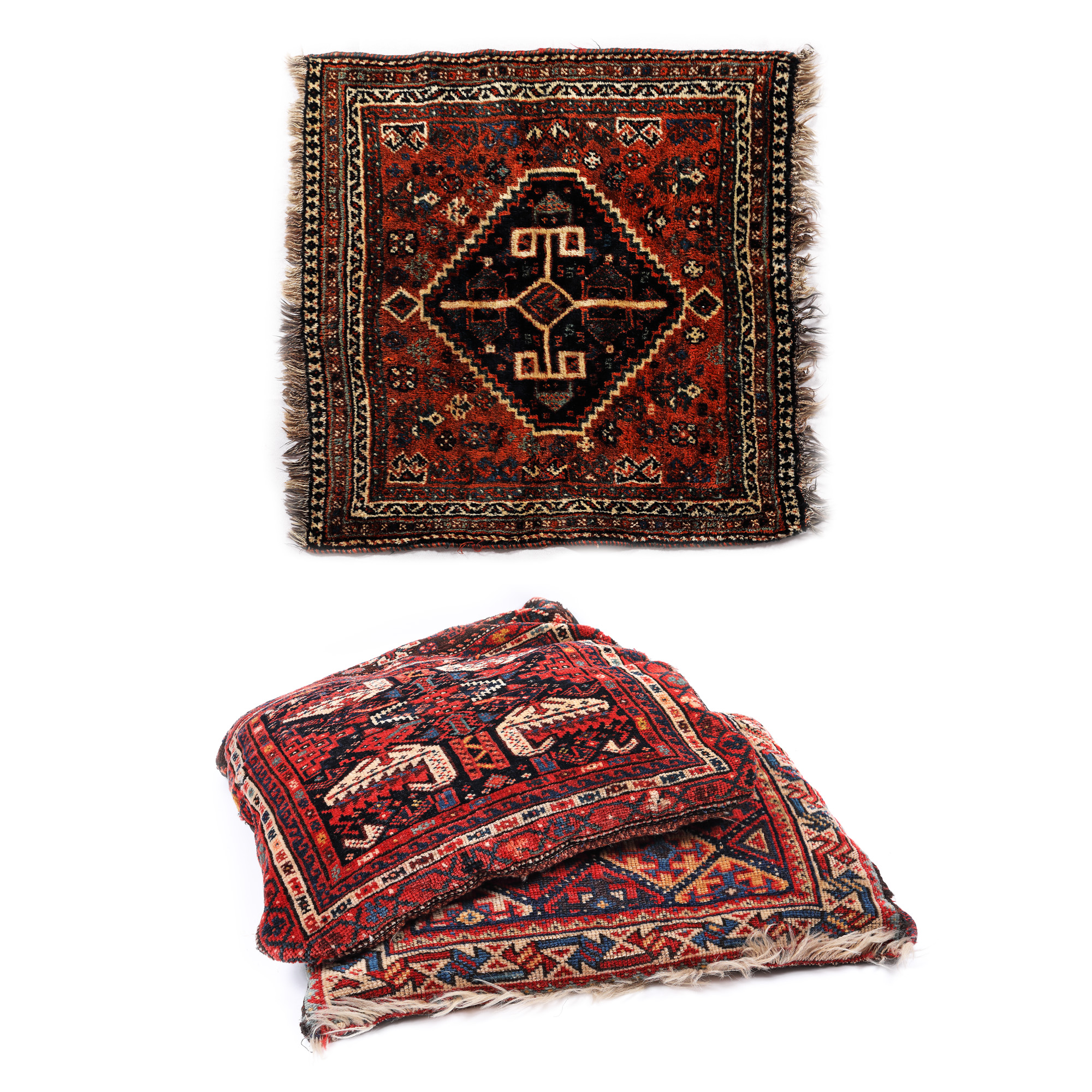Two Shiraz pillows and a mat, wool, Persia, 19th century