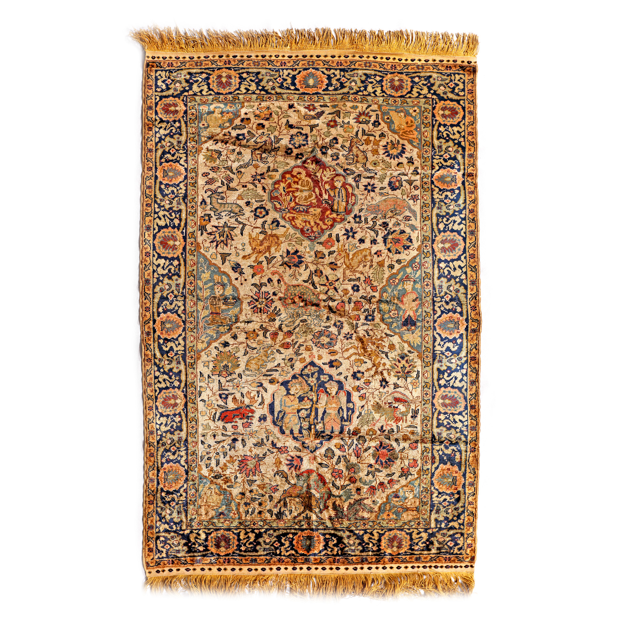 Silk rug on cotton warp, decorated with two medallions, one with a tree of life and two angels and one with a rustic scene, zoomorphic motifs, northern Persia, approx. 1910
