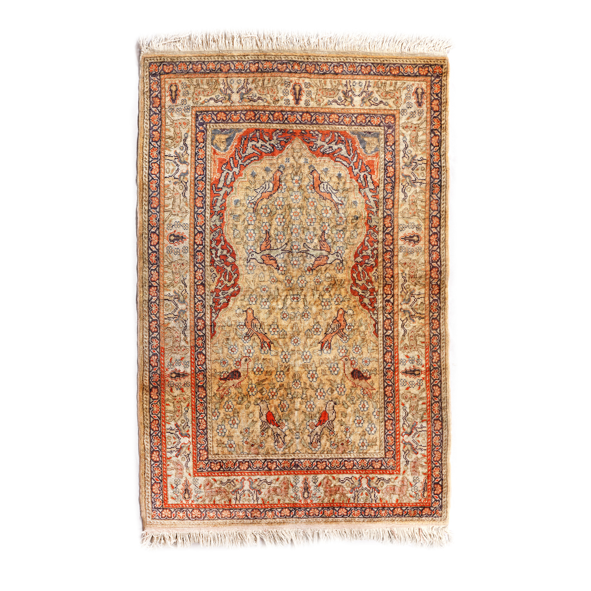 Kayseri silk rug on cotton warp, pictorial with avimorphic and floral motifs, approx. 1910