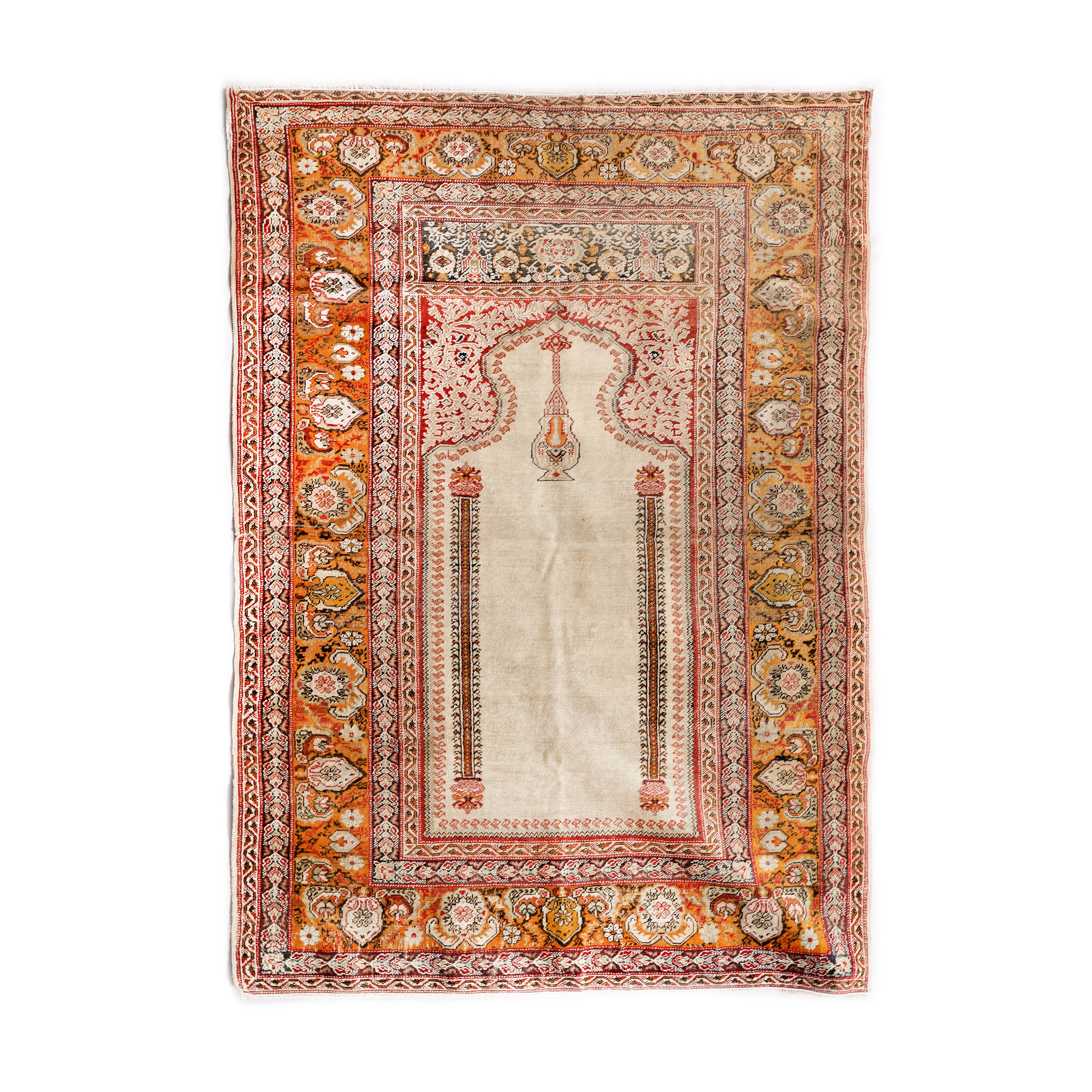 Ghiordes prayer mat, silk on wool warp, illustrating two columns and a lamp, Turkey, approx. 1850-1880