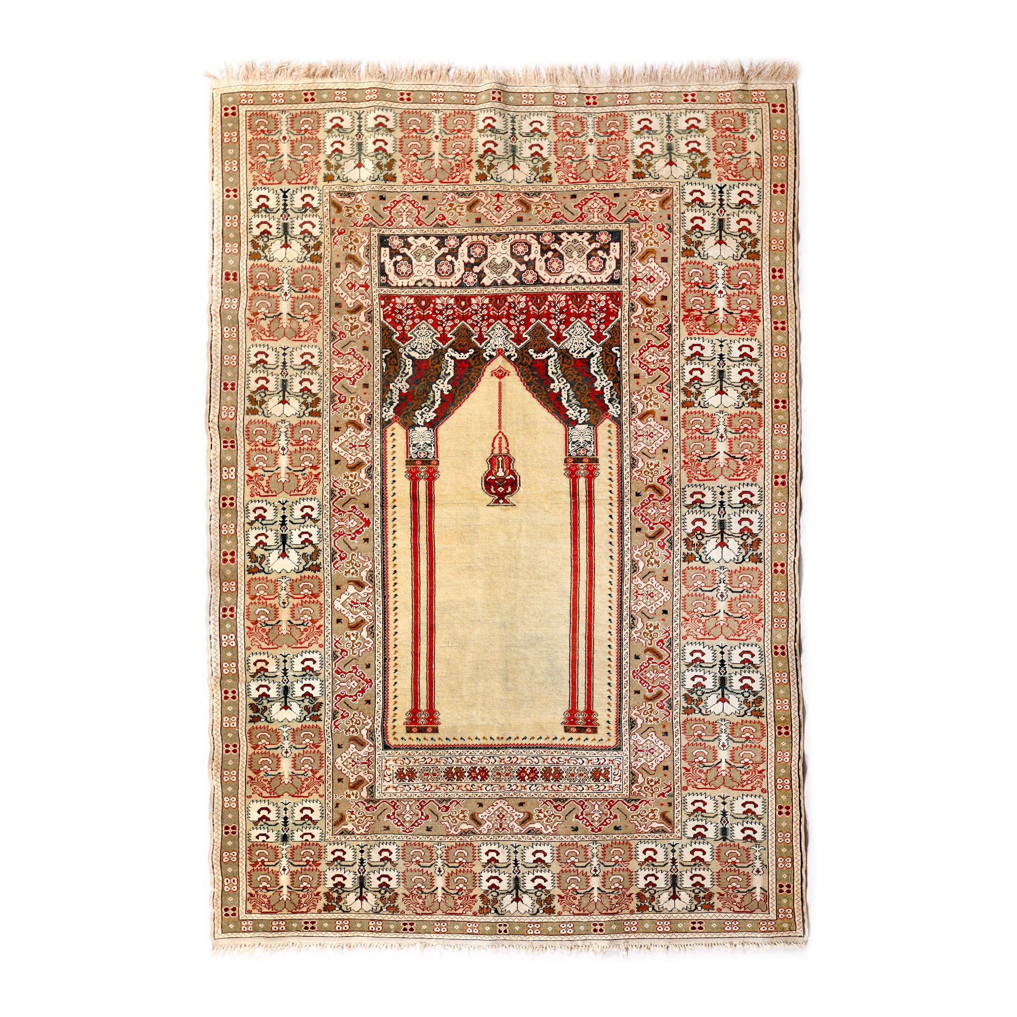 Ghiordes prayer mat, wool, illustrating two columns and a lamp, Turkey, approx. 1930