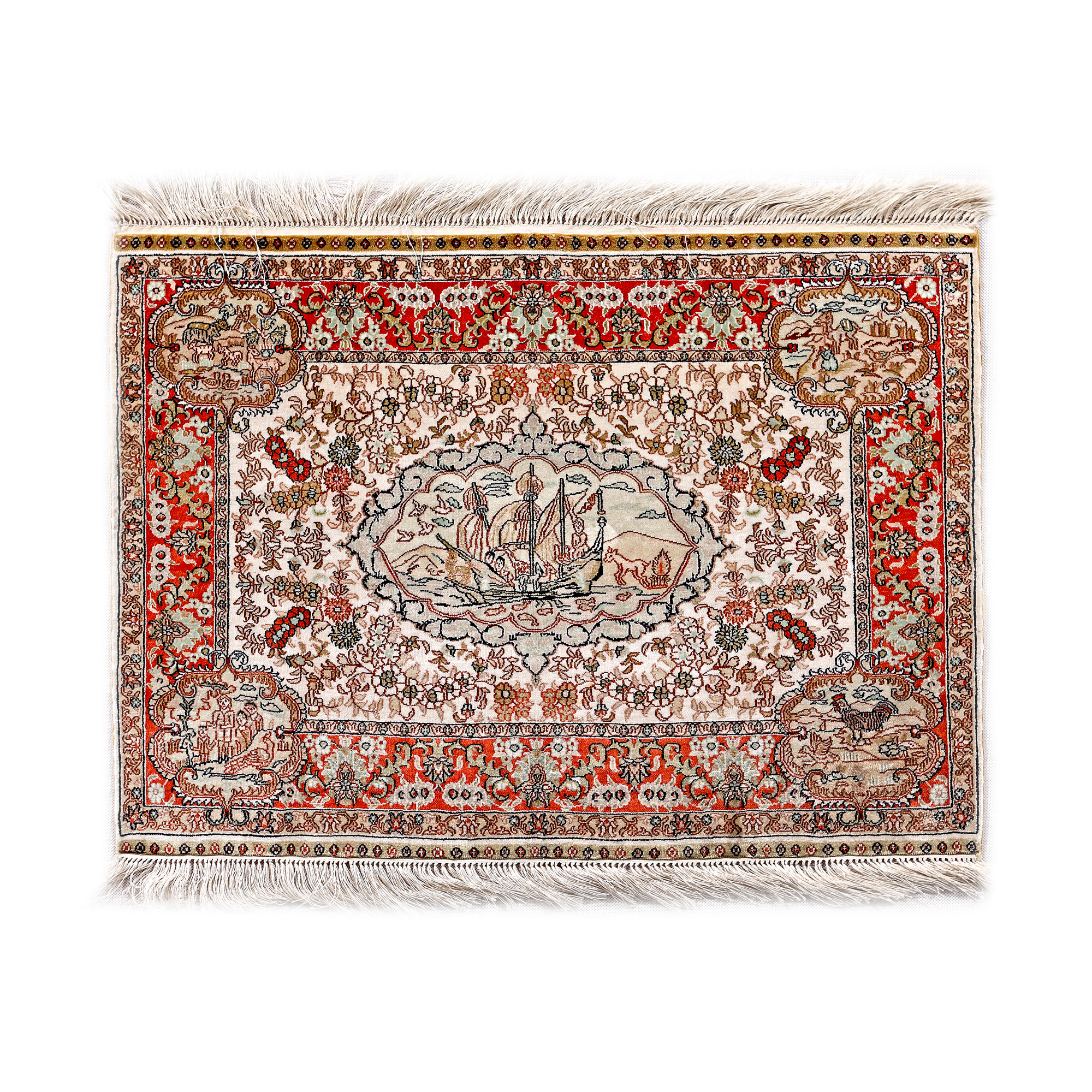 Hereke silk rug, decorated with sailboat and everyday scenes, Turkey, mid-20th century