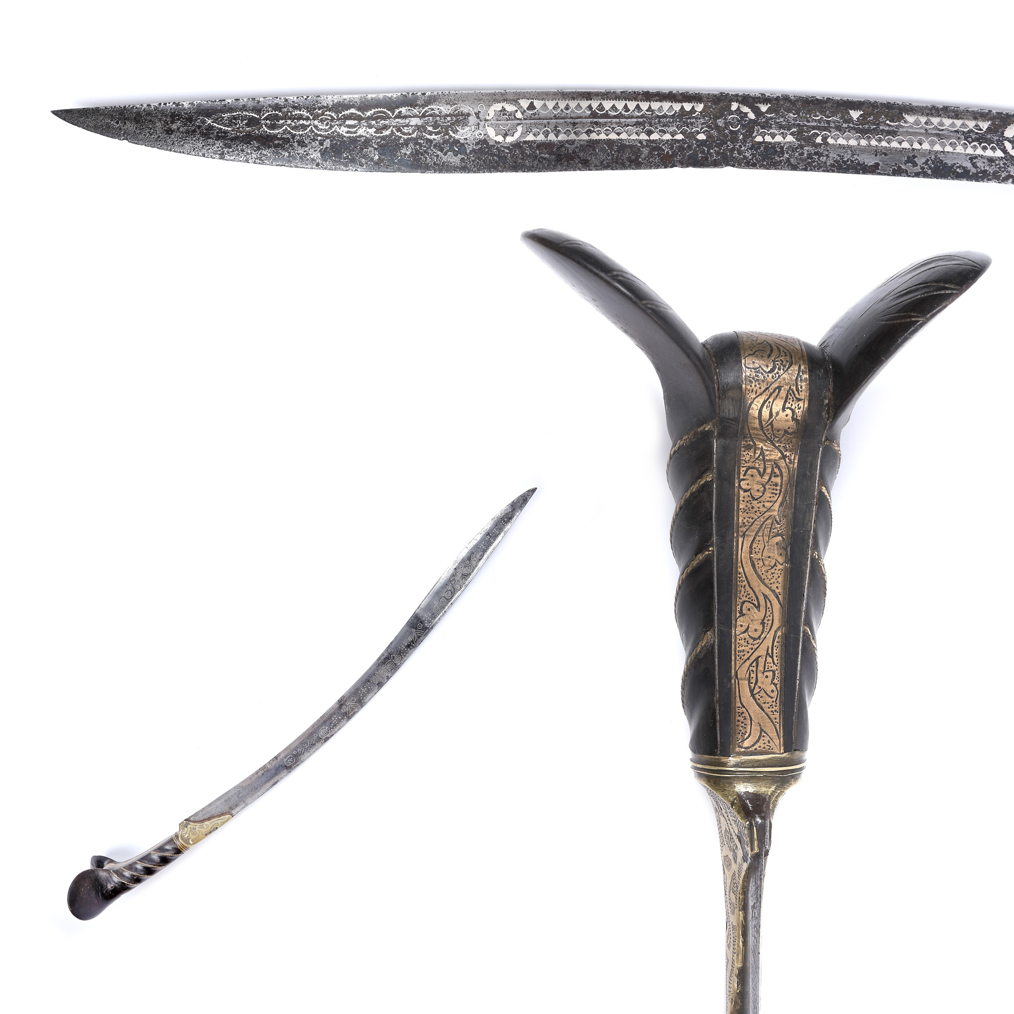 Ottoman yatagan, with silver-plated blade, horn and brass handle, owner's name inscription (Rahmi Selim aga), 18th century