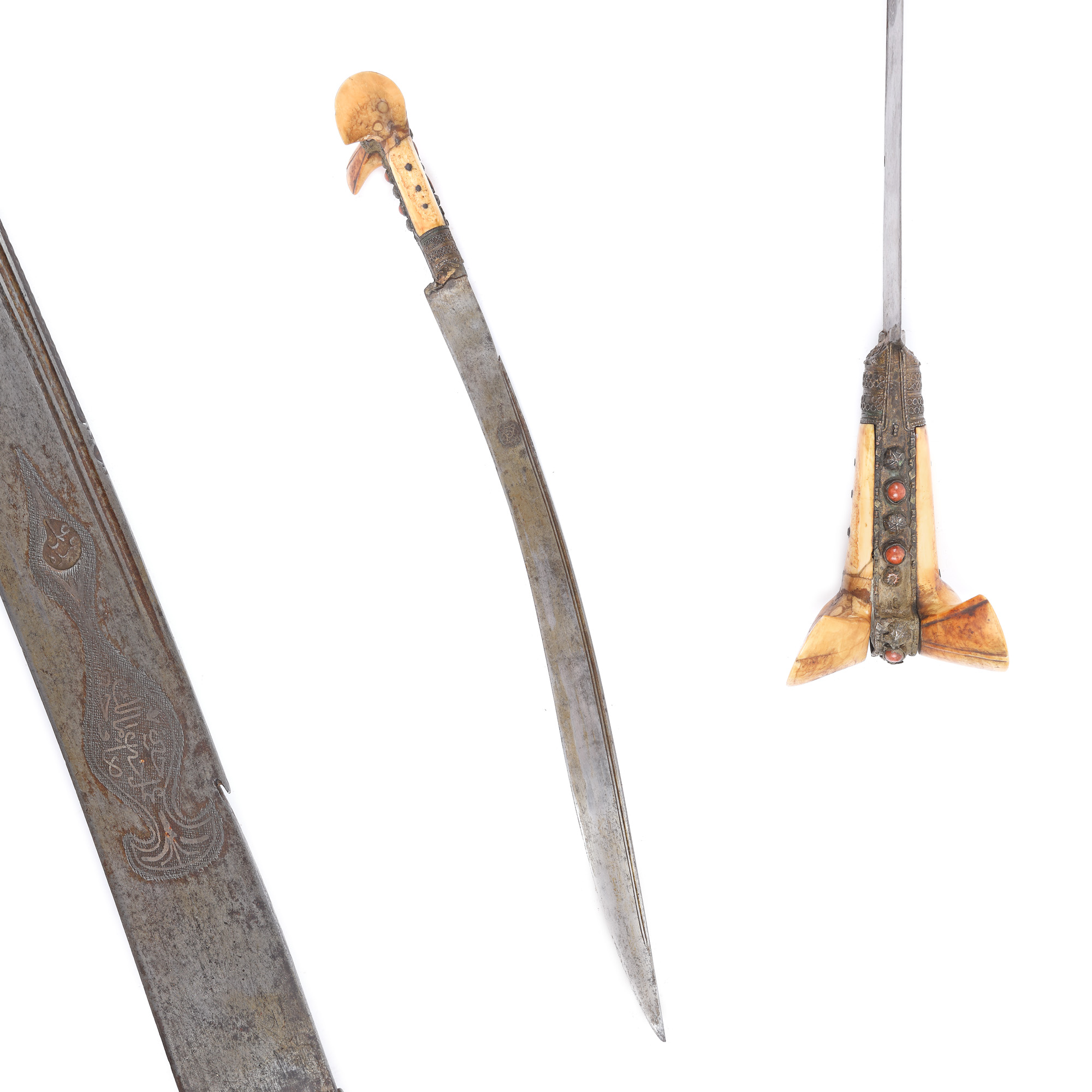 Ottoman yatagan with walrus bone handle, decorated with coloured glass cabochons, late 18th century - early 19th century