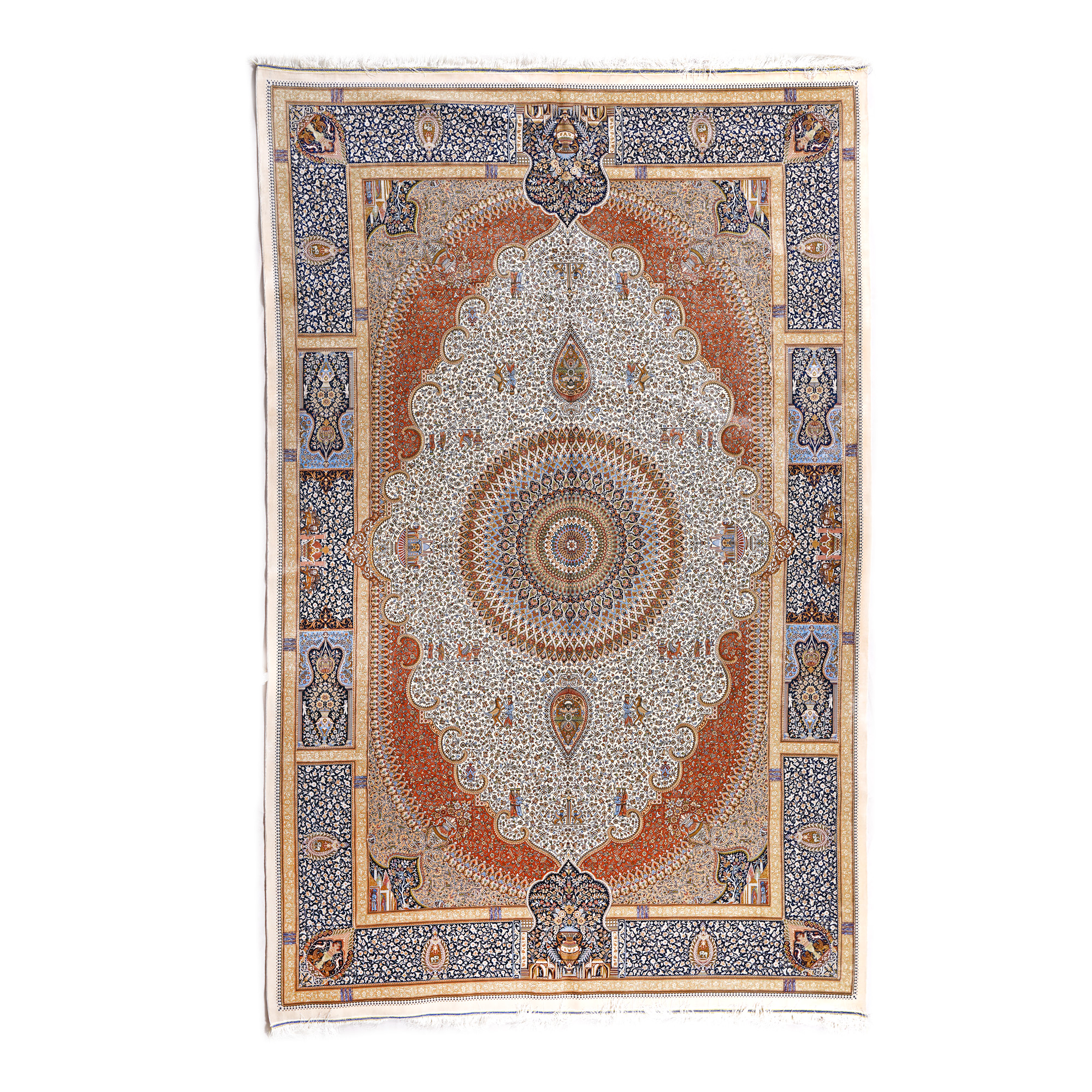 Impressive Qum (Ghom) silk rug on silk warp, decorated with Zoroastrian motifs and central rosette, Iran 