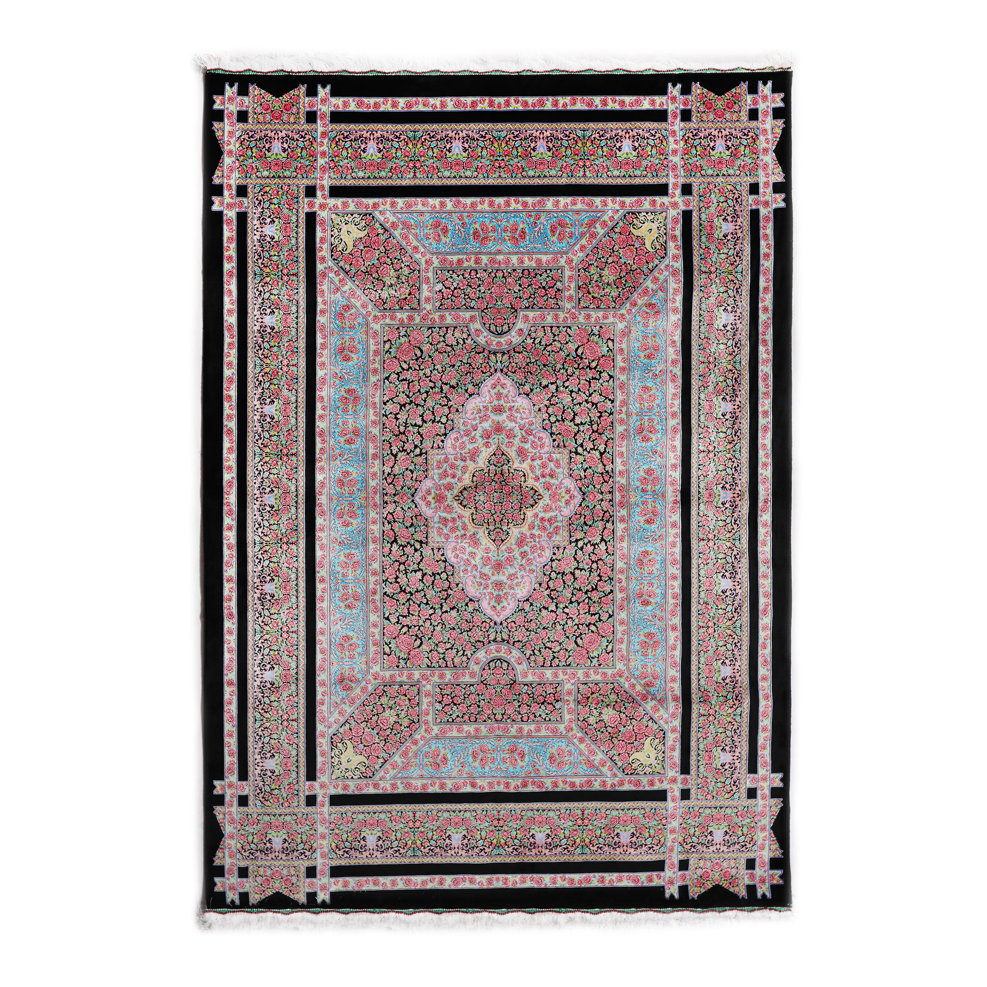 Qum (Ghom) silk rug on silk warp, decorated with roses and other floral motifs, Iran