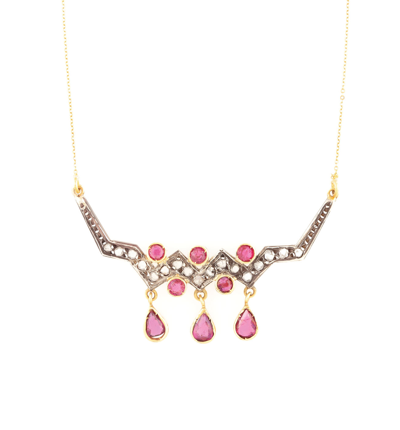 UnnoAErre gold and silver Art Deco necklace, decorated with rubies and diamonds