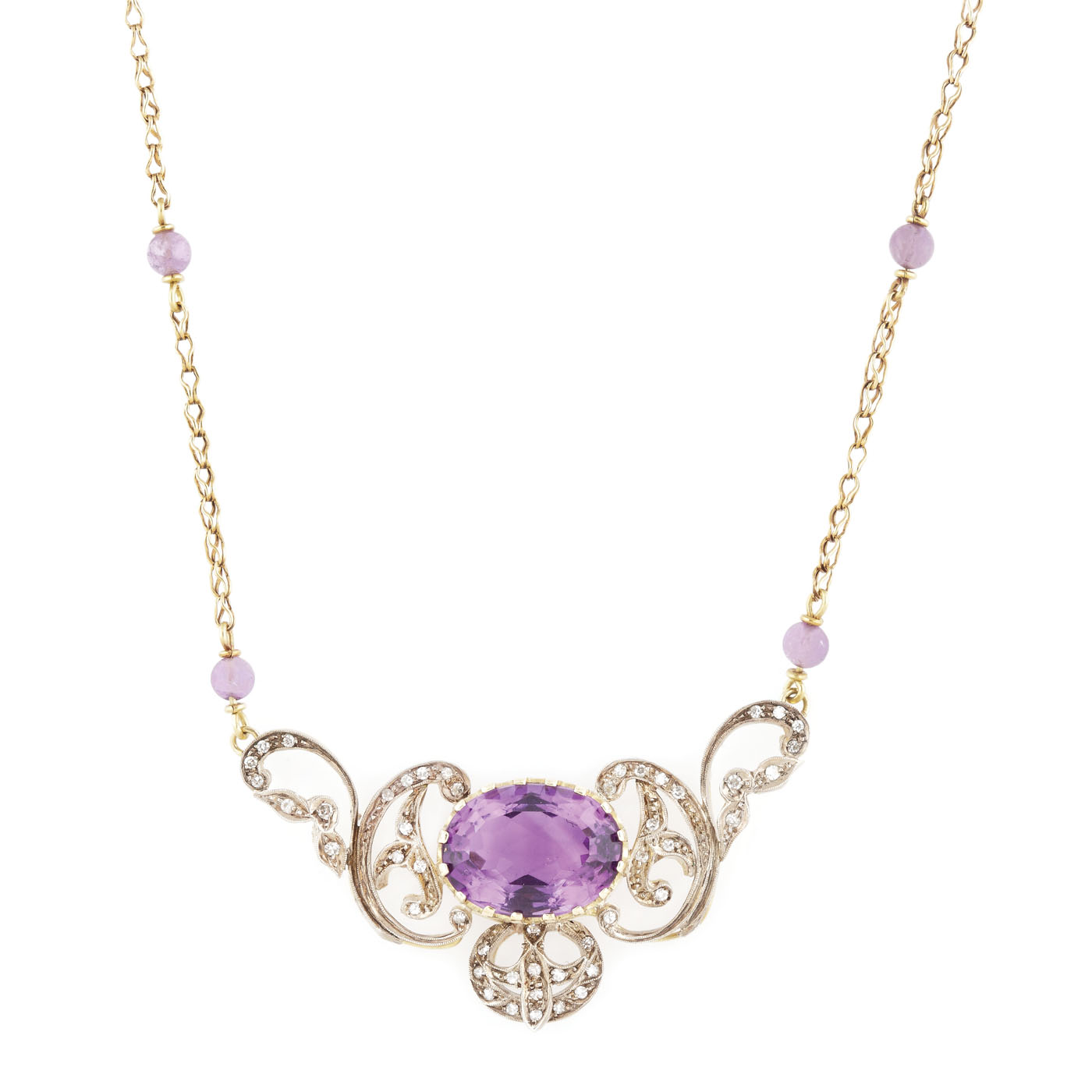 Gold and silver necklace, set with diamonds and central amethyst