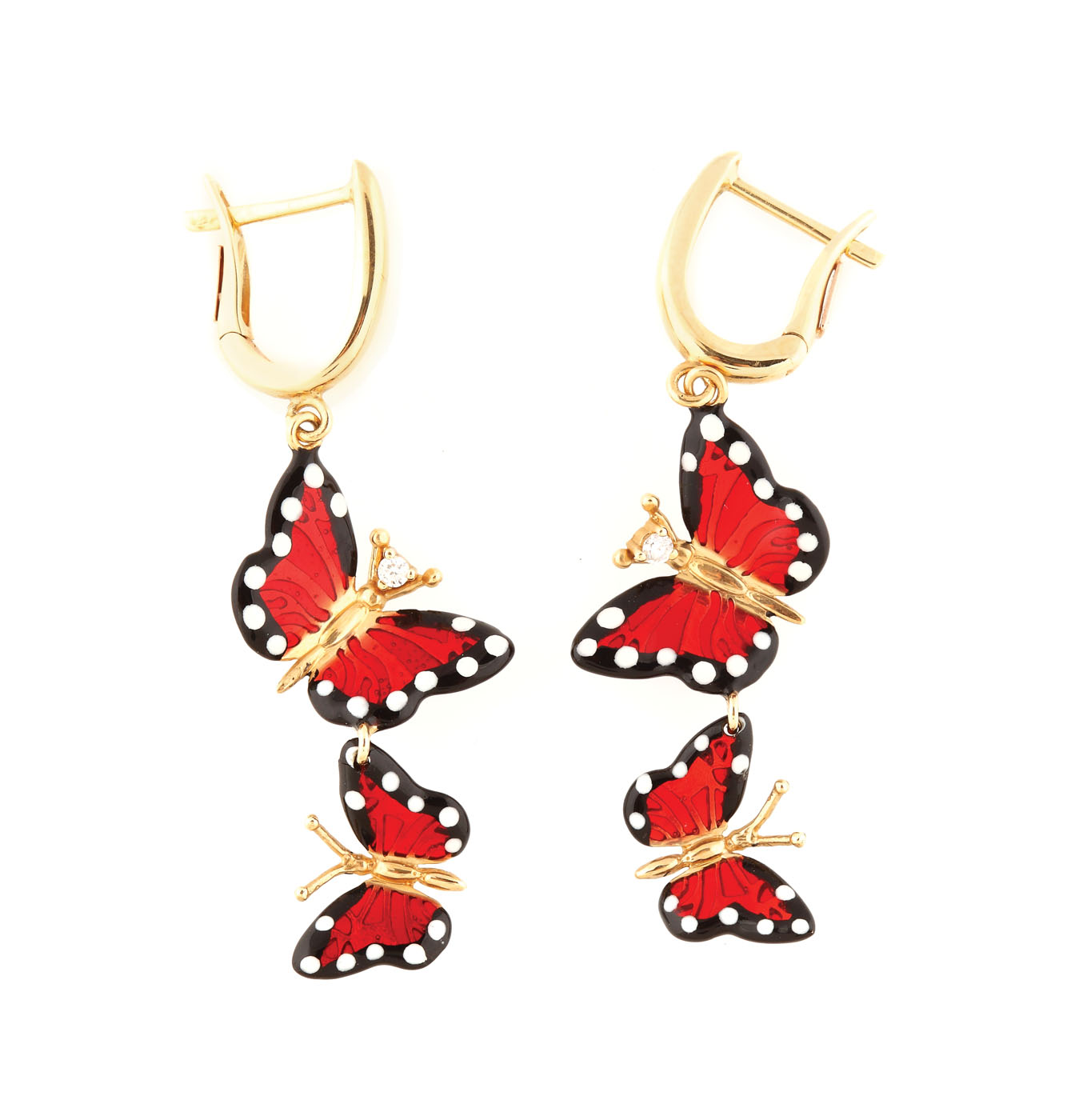 Pair of Roberto Bravo gold earrings, Monarch Butterfly collection