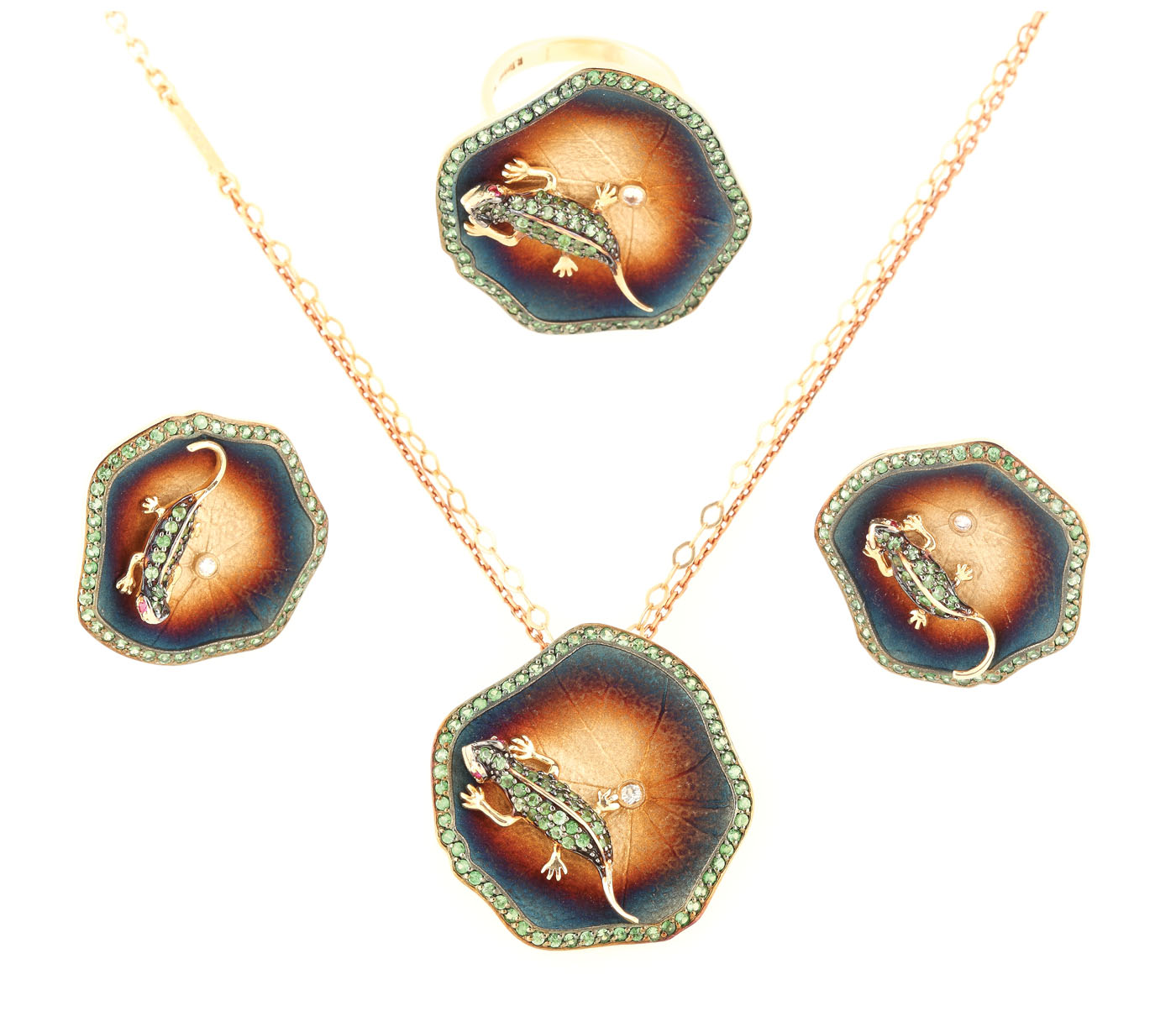Roberto Bravo set comprising a ring, a pair of earrings and a chain with pendant, Global Warming collection
