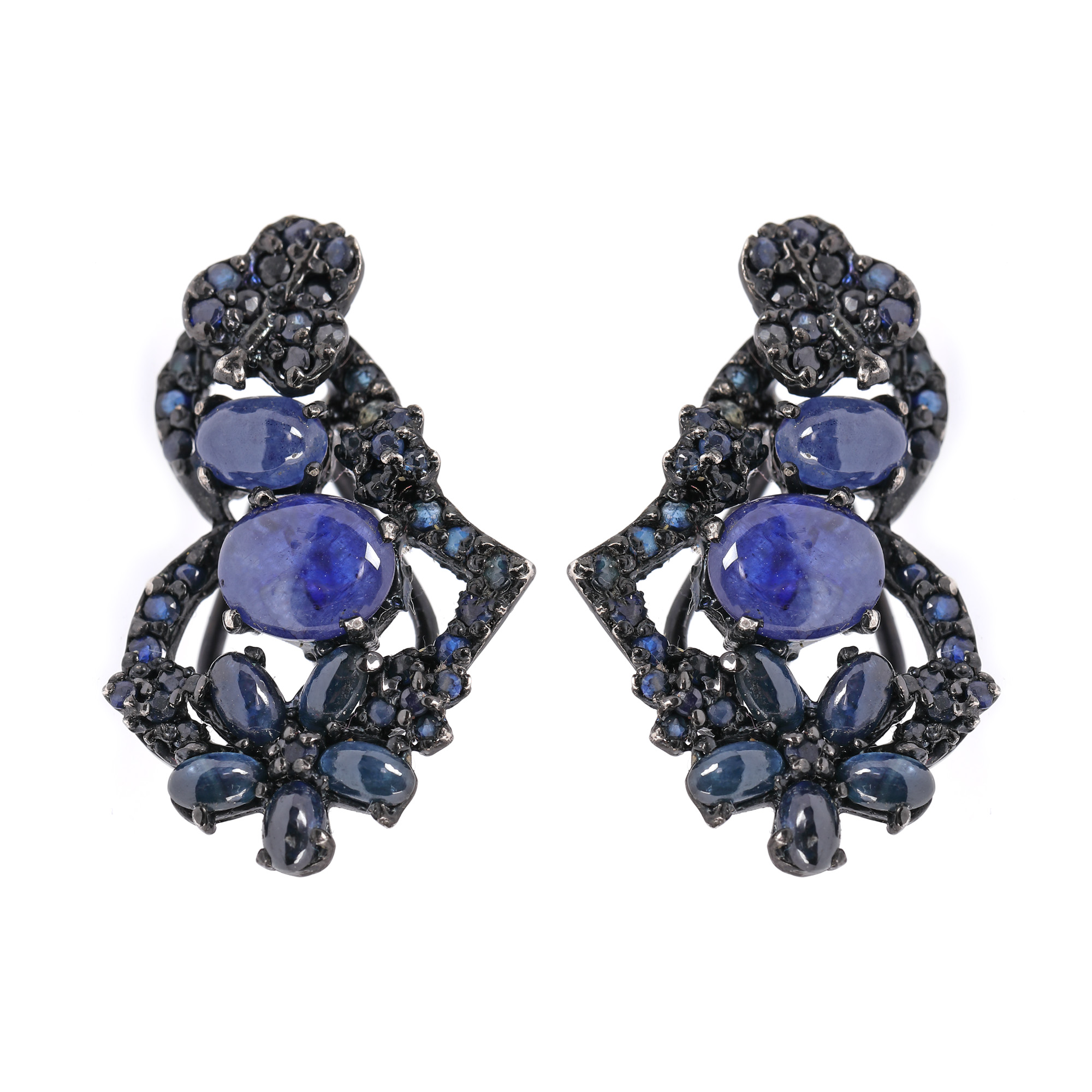 Pair of earrings, rhodium-plated silver, decorated with sapphires