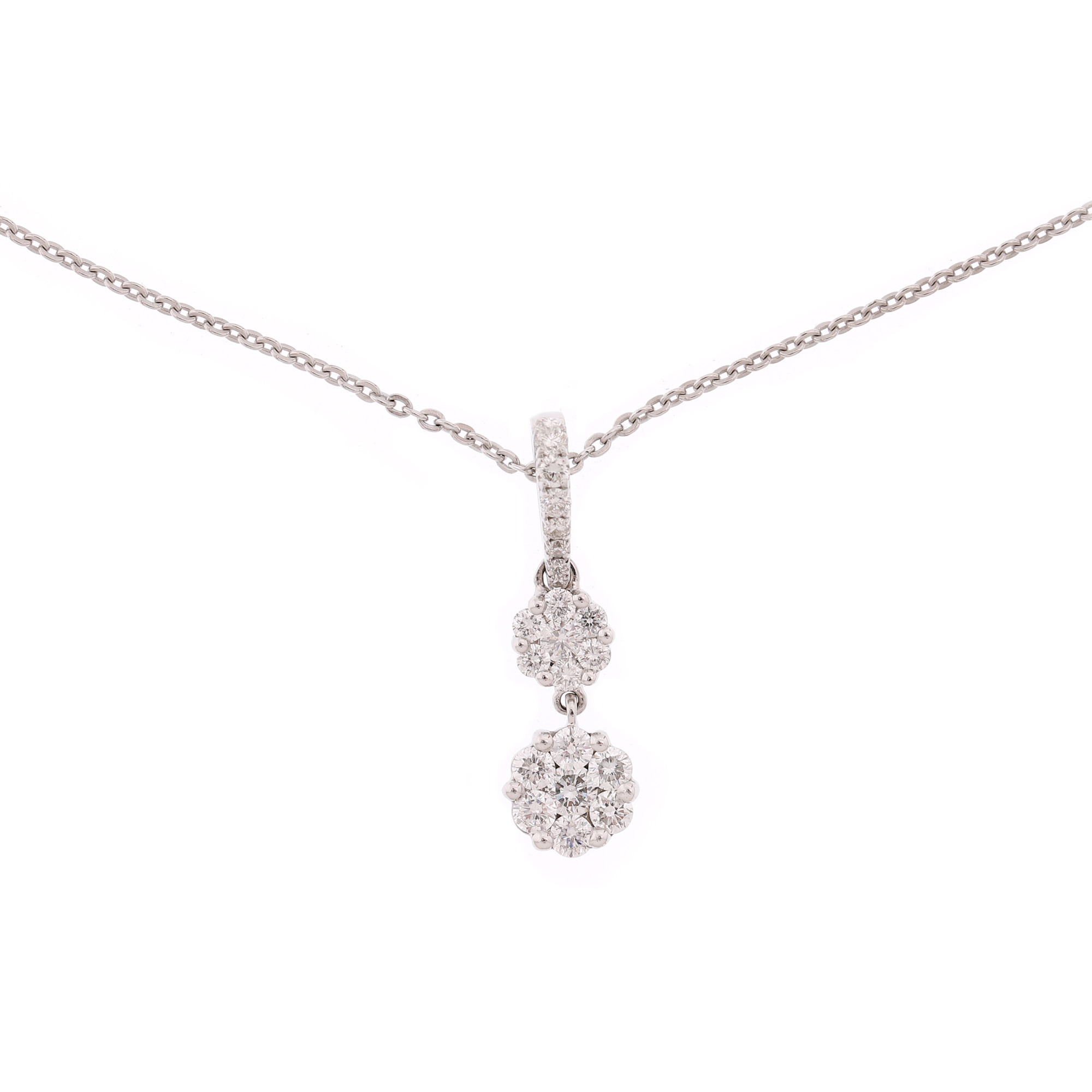 White gold chain with pendant, adorned with diamond clusters