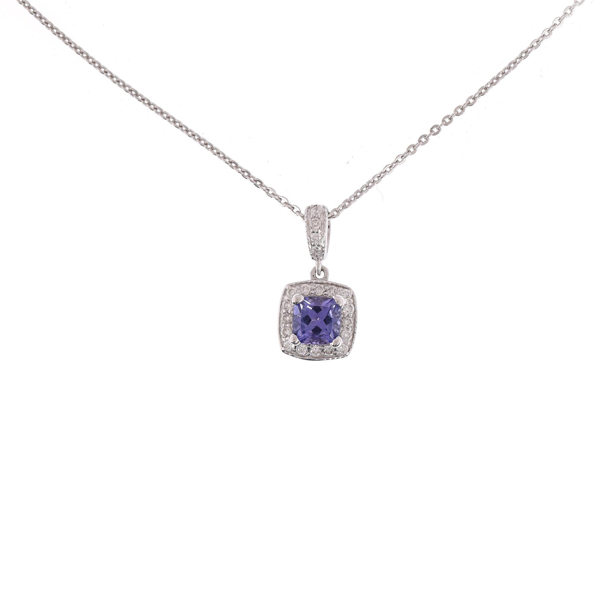 White gold chain with pendant, decorated with diamonds and tanzanite