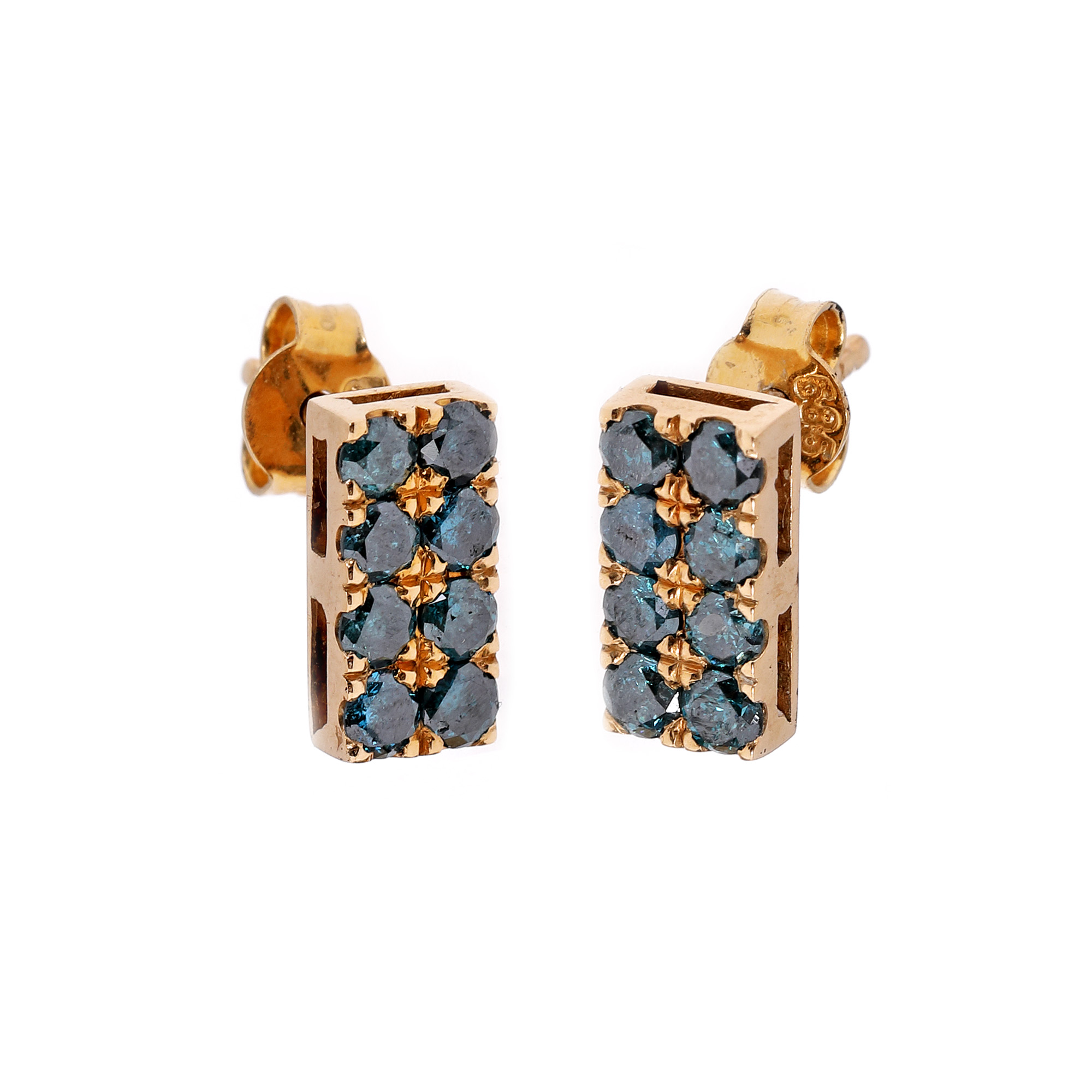 Pair of gold earrings, decorated with blue diamonds