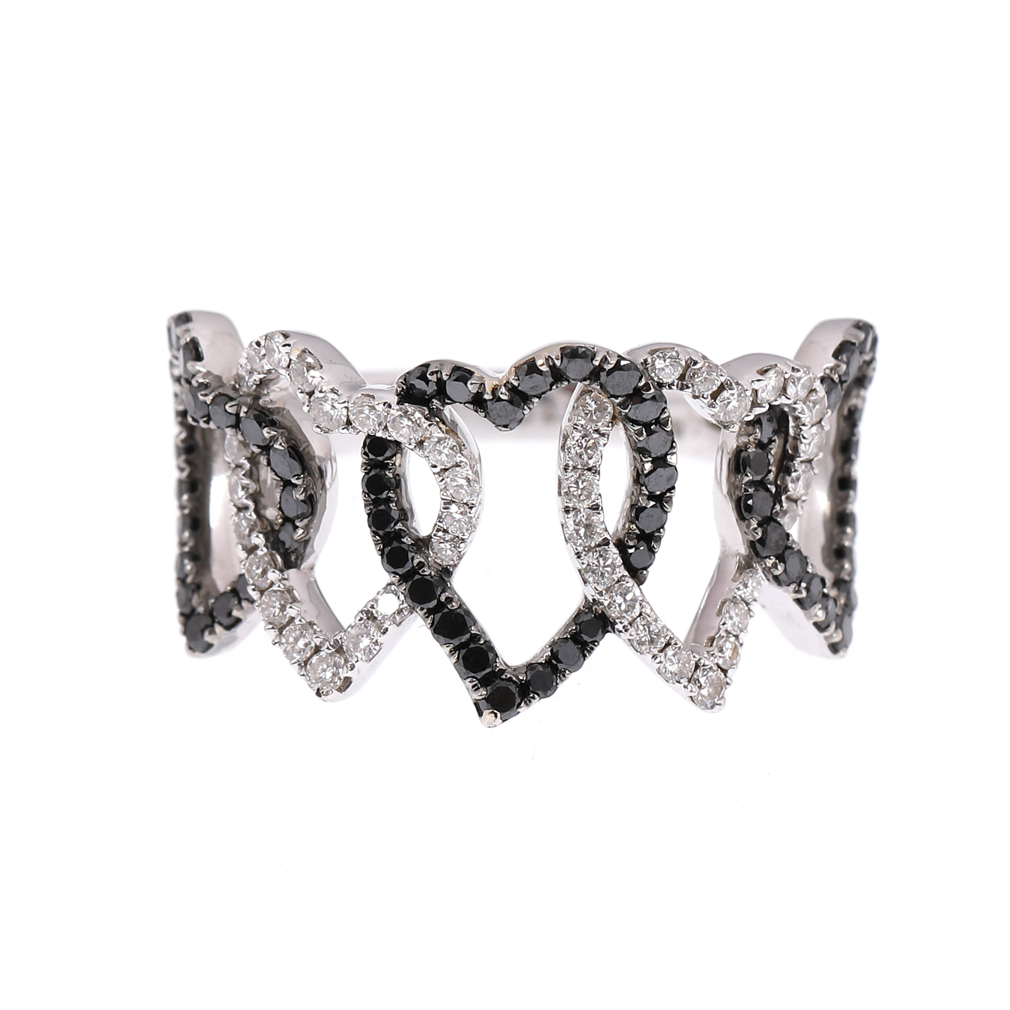 White gold ring, decorated with string of hearts trimmed with white and black diamonds