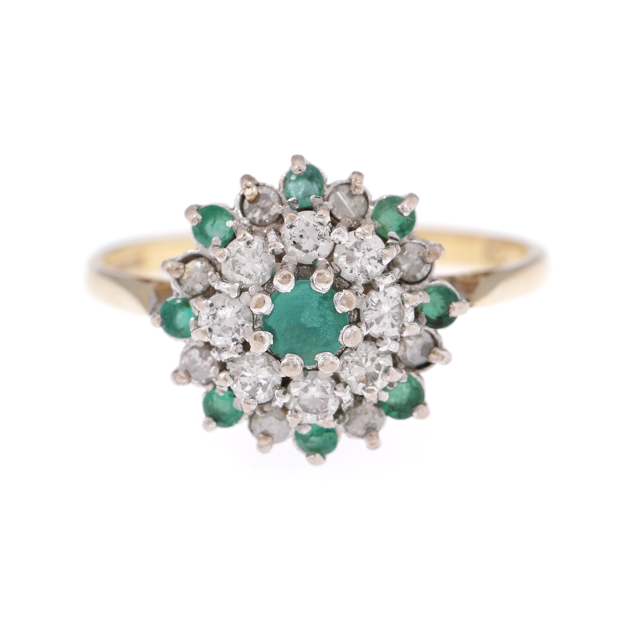 Gold ring, adorned with crown of emeralds and diamonds