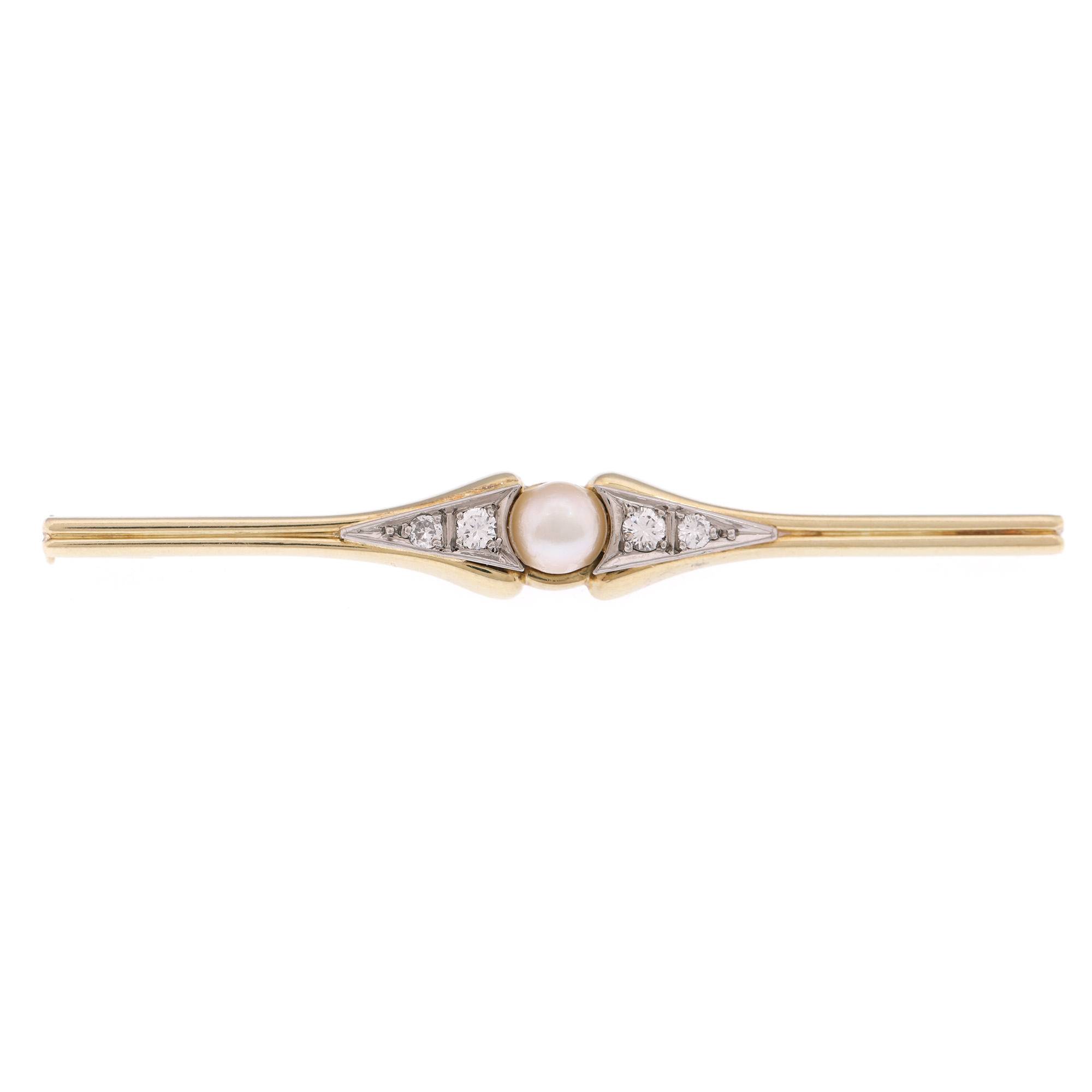 Two-tone gold brooch, decorated with pearl and diamonds