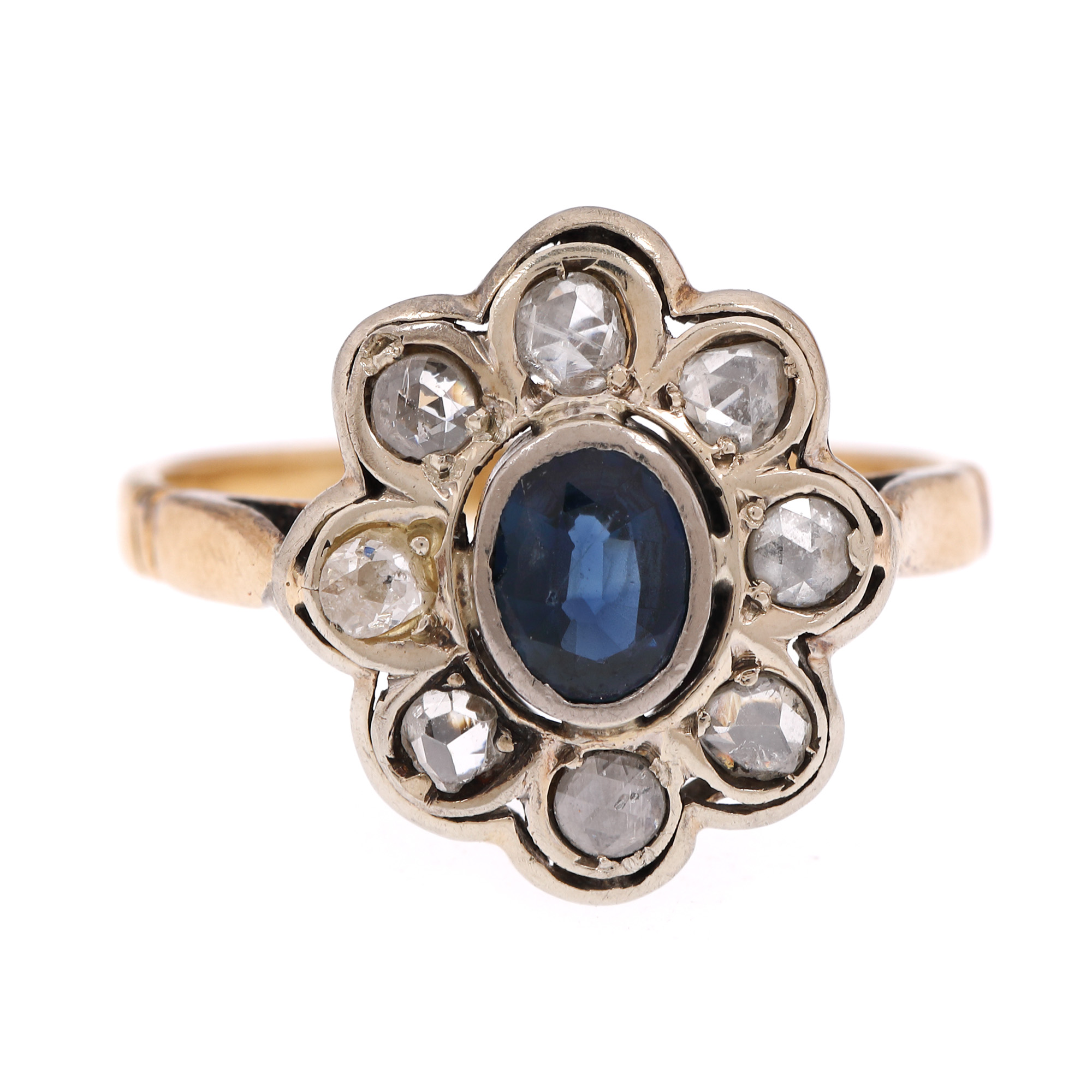 Vintage two-tone gold ring, adorned with sapphire and diamonds