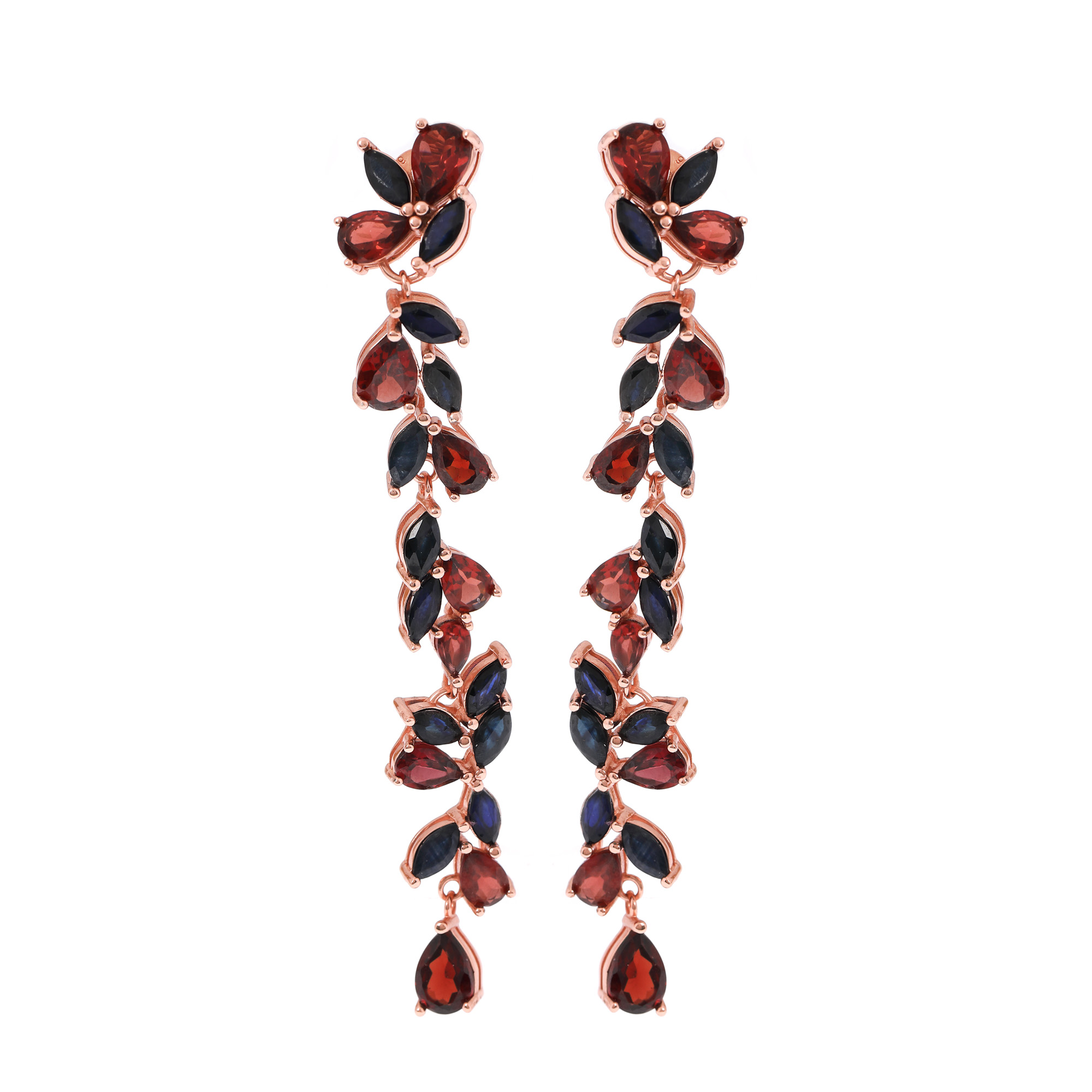 Pair of gilded silver earrings, decorated with sapphires and garnets