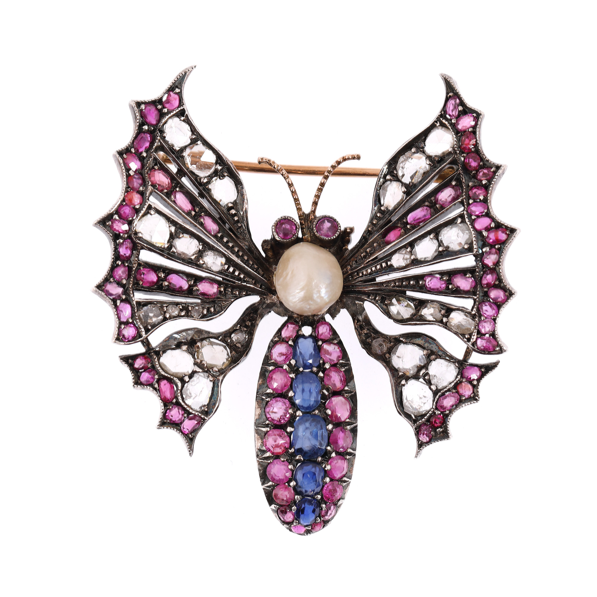 "Butterfly" - red gold and silver brooch, decorated with pearl, sapphires and diamonds