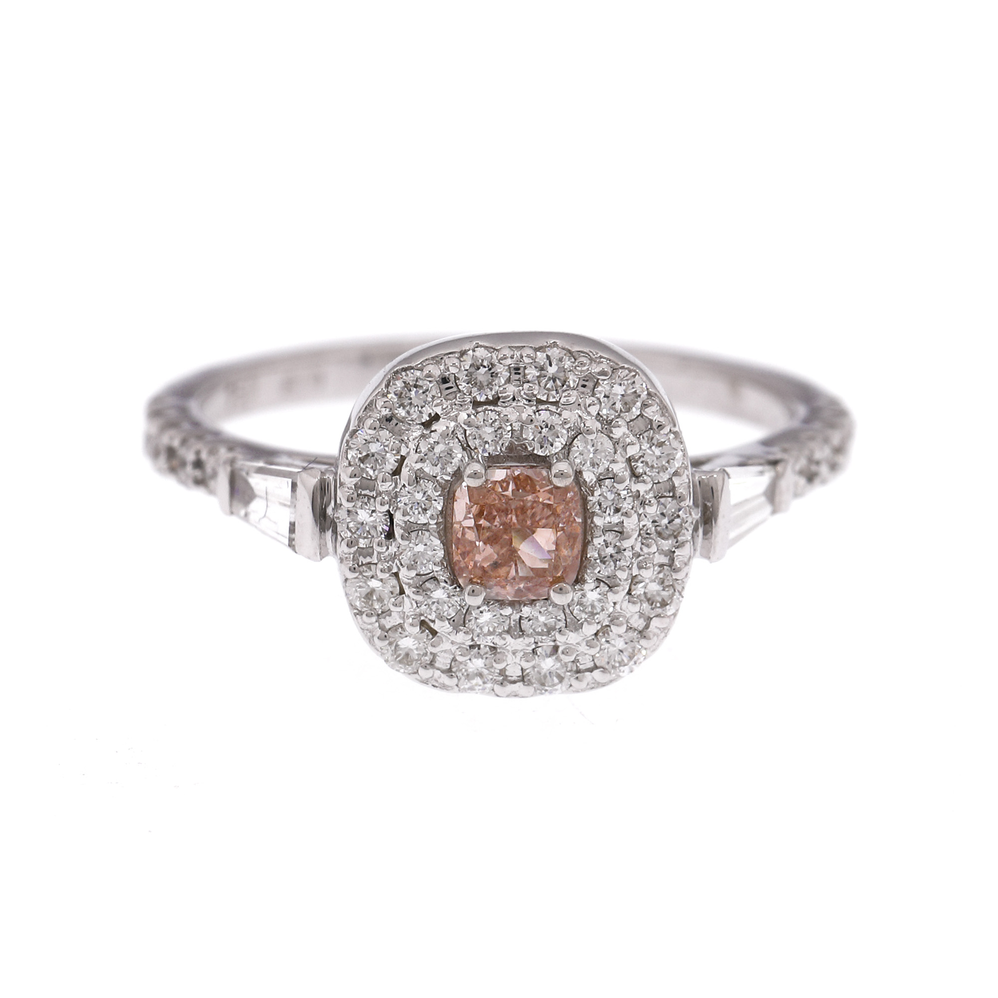 White gold ring, adorned with one brandy diamond, surrounded by two rows of brilliant cut diamonds