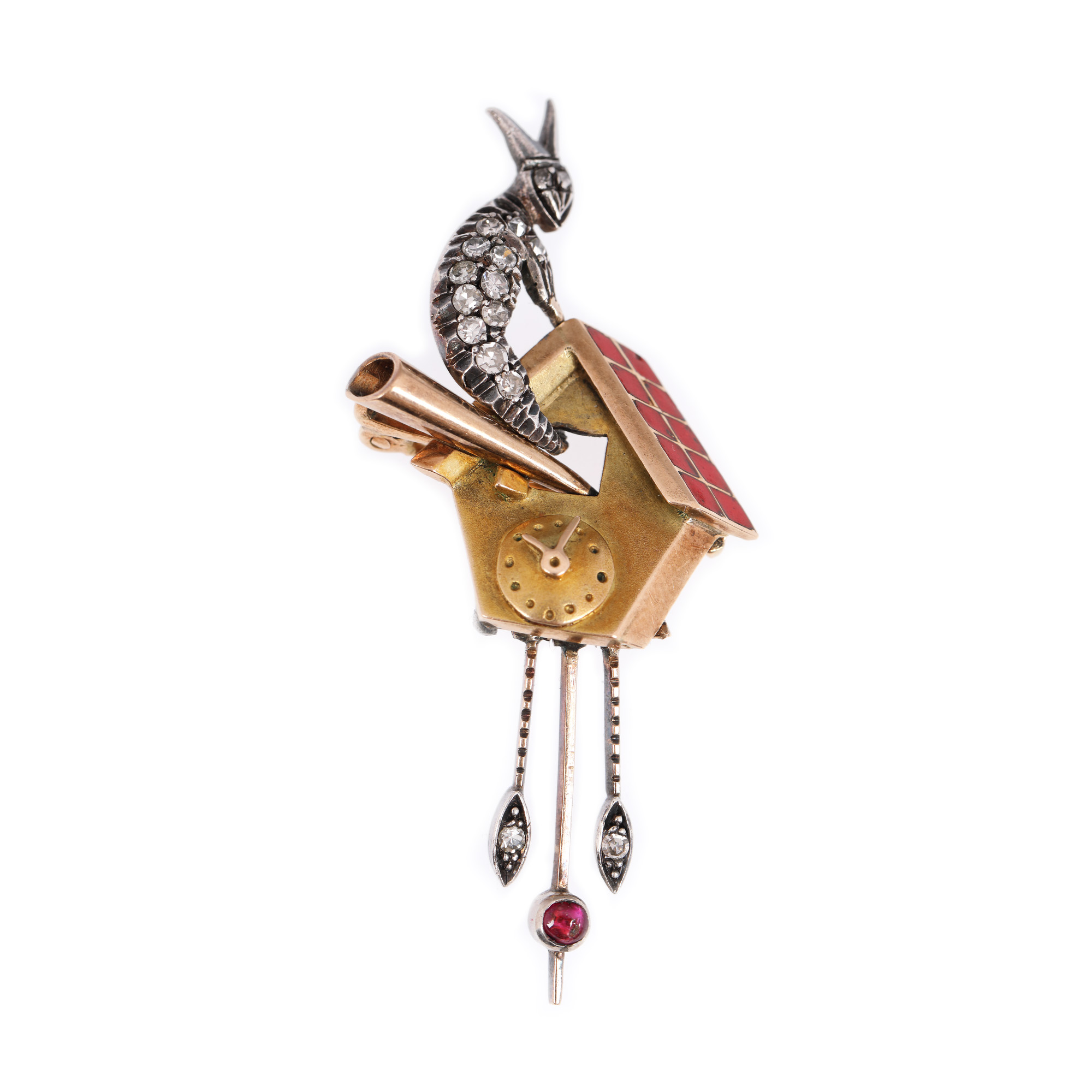 Vintage brooch, gold and silver, in the shape of a cuckoo clock, decorated with enamel, ruby and diamonds
