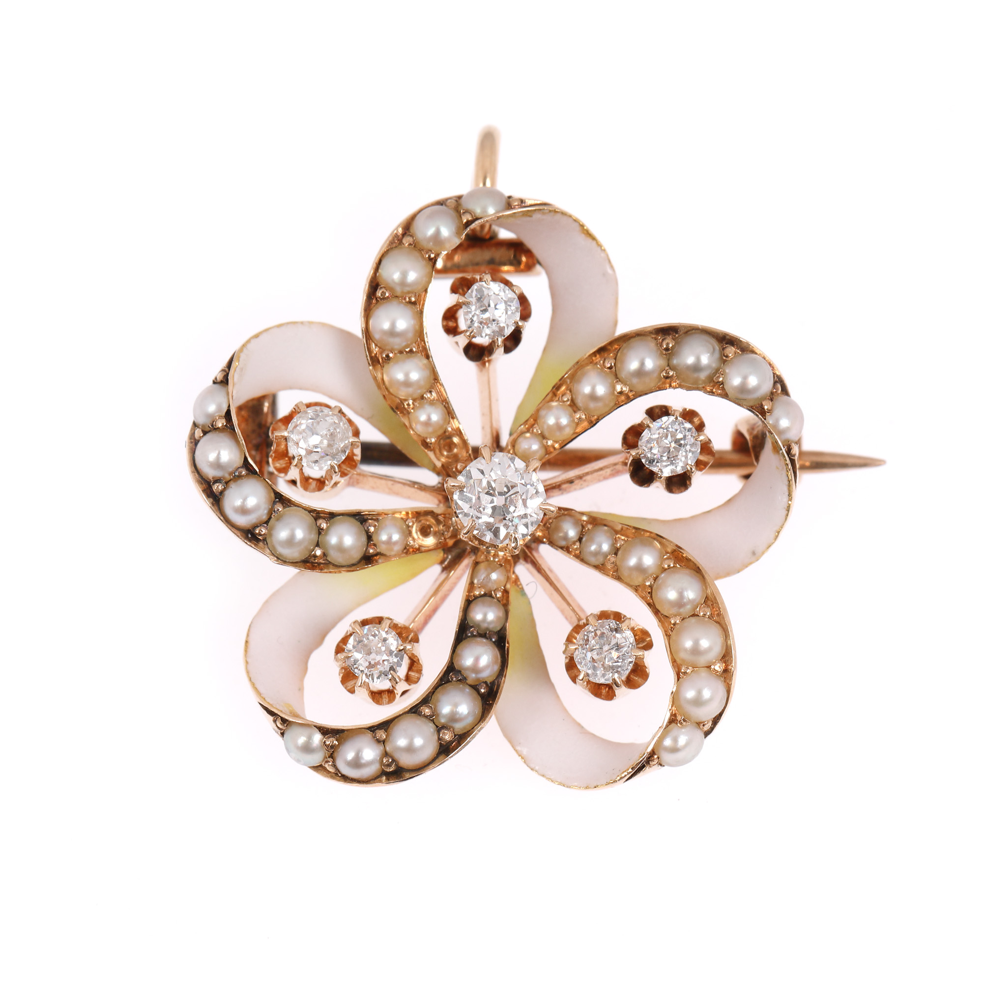 Gold flower-brooch, decorated with pearls and diamonds