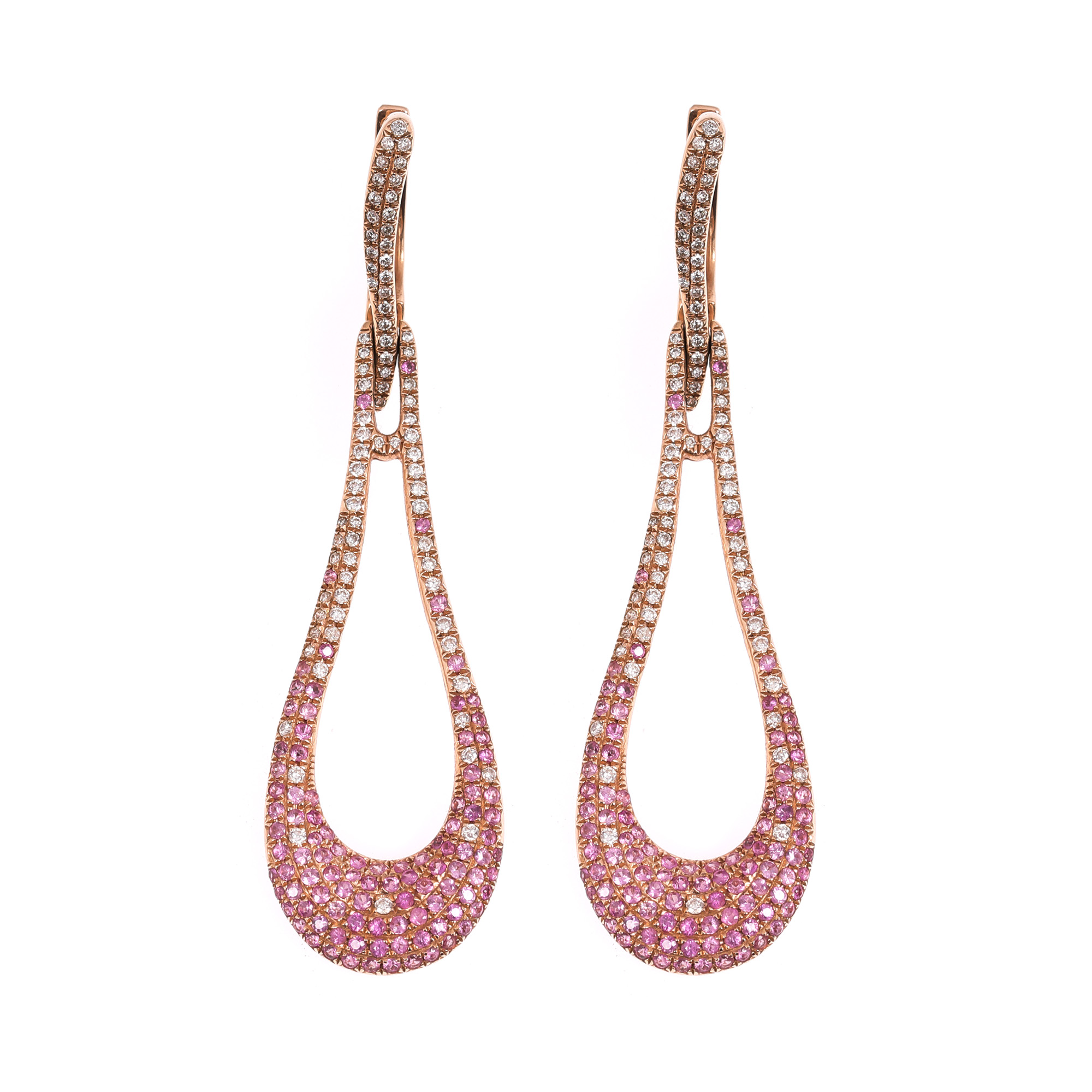 Superb pair of rose gold earrings, decorated with diamonds and pink sapphires