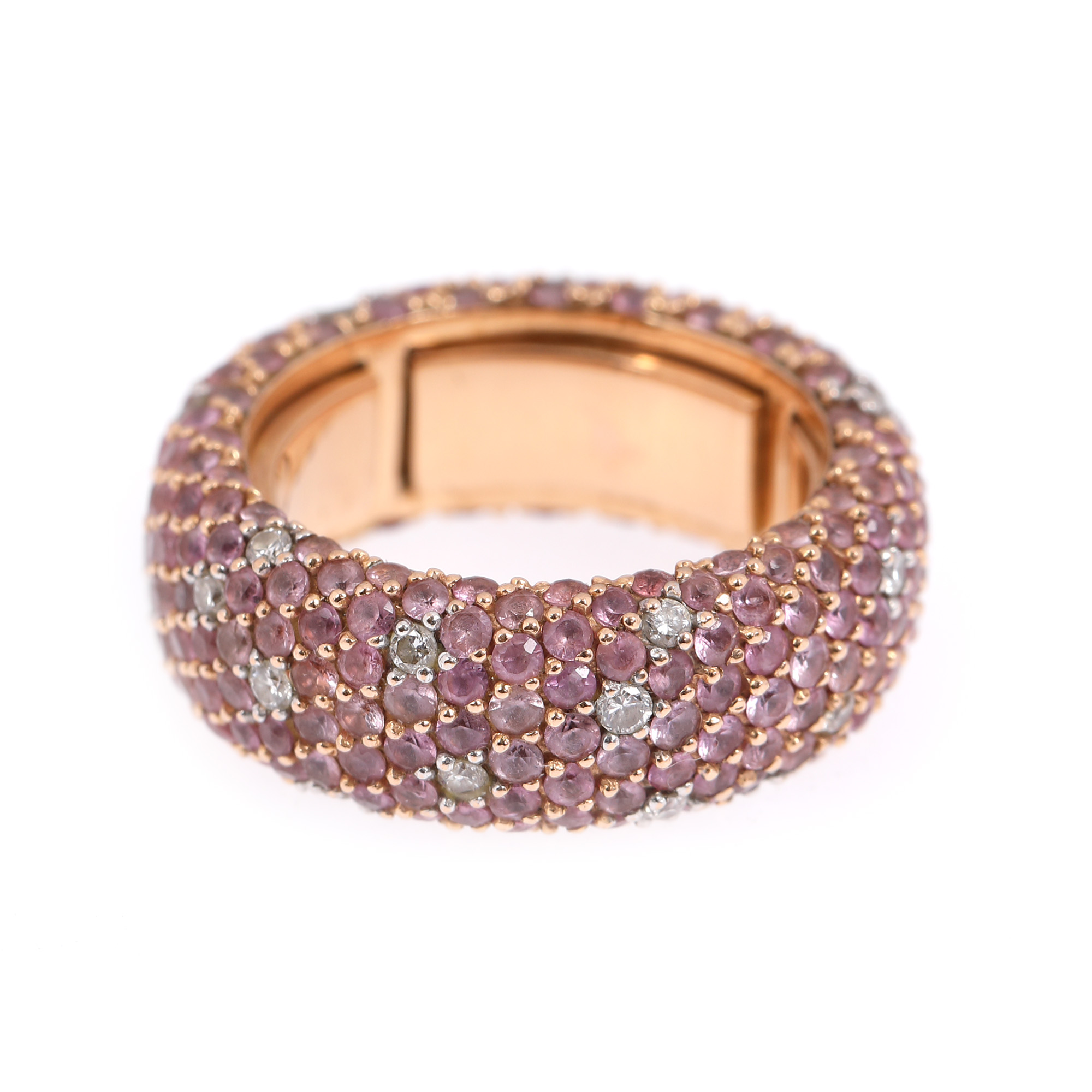 Rose gold ring, decorated with diamonds and pink sapphires